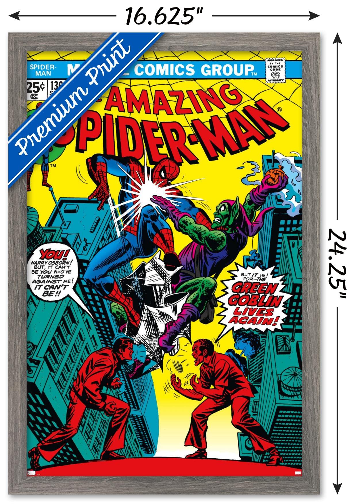 Marvel Comics Green Goblin Wall Poster - The Amazing Spider-Man #136 Framed Art Print, 22.4x14.7 Inches, Barnwood Frame - Perfect for Superhero Bedroom Decor & Comic Book Collector Gifts