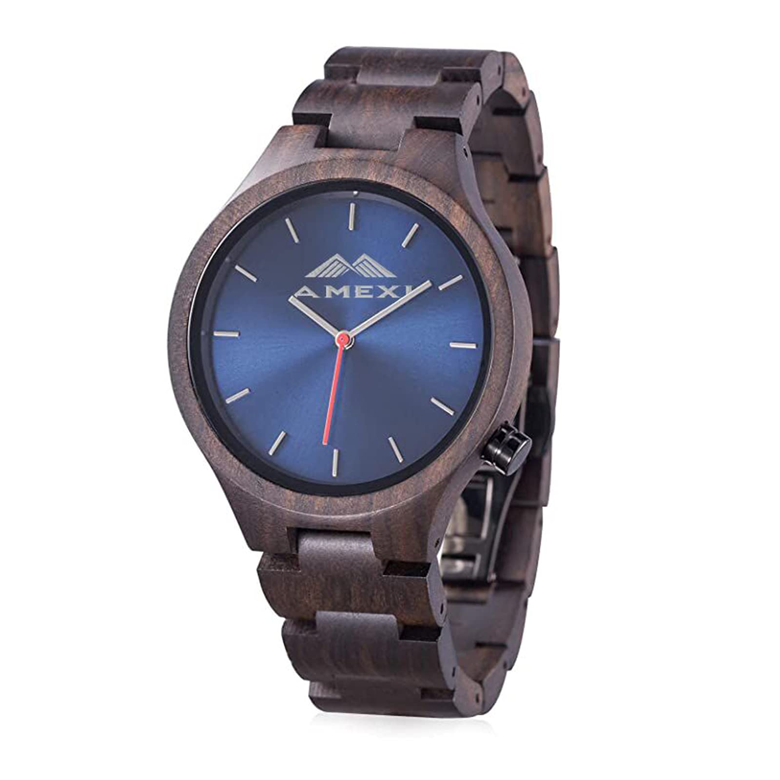 AMEXI Men's Wooden Watch - Blue & Black Quartz Wood Case & Strap - Stylish Eco-Friendly Timepiece for Casual, Business & Outdoor Activities