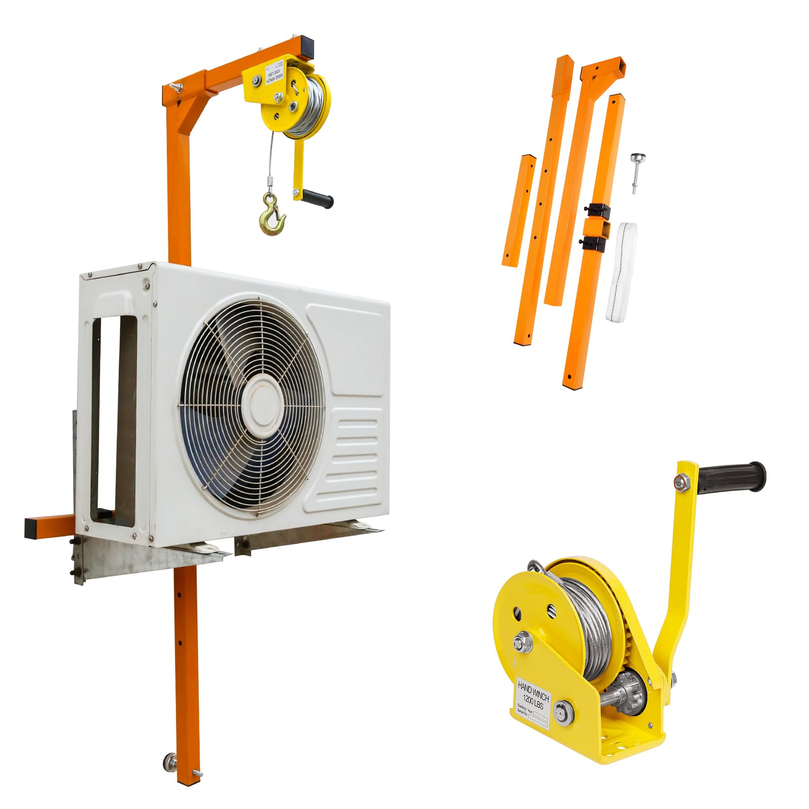 Orange AC Installation Lifting Tool - Alloy Steel Wire Rope Hand Winch Crane for HVAC Units | Durable Stainless Steel Mounting | Perfect for Window & Rooftop AC Installation