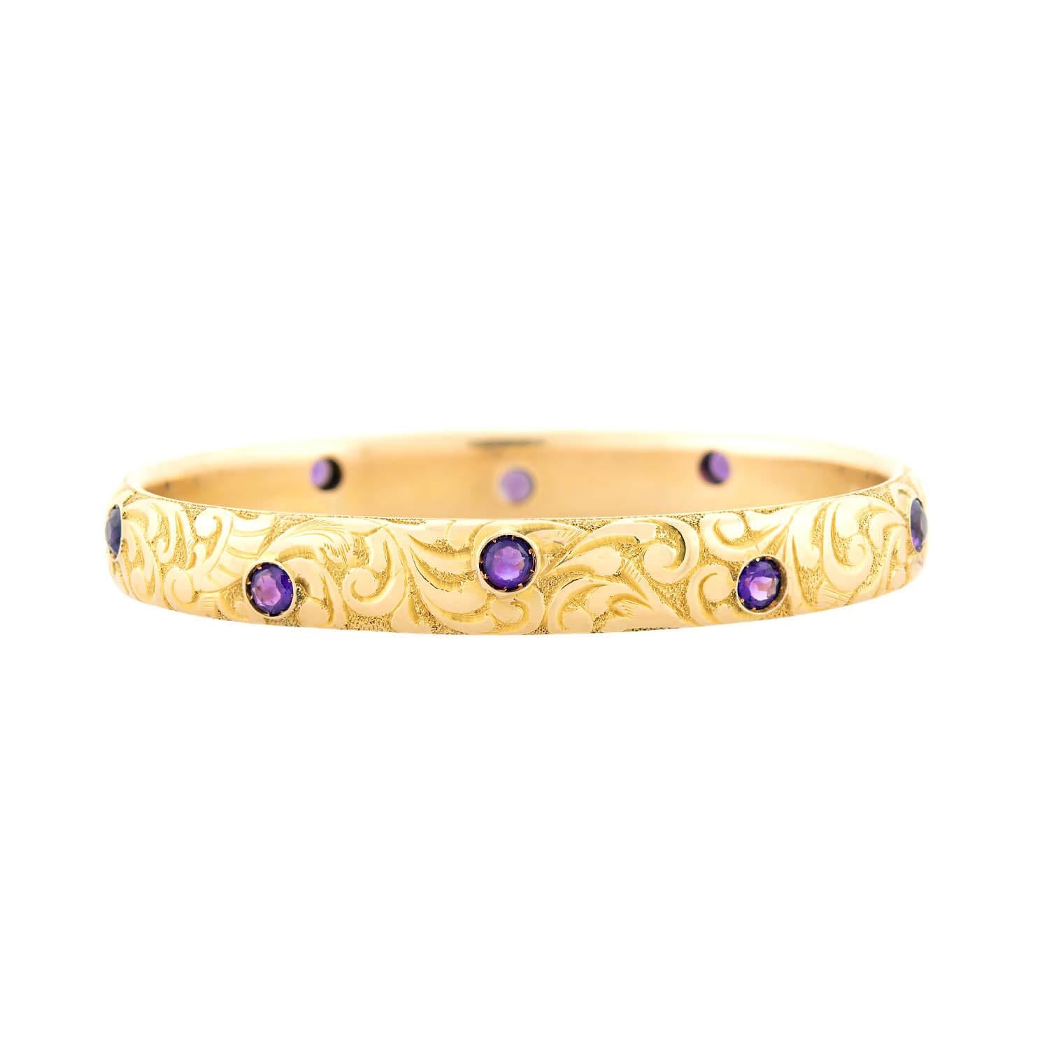 14K Gold Victorian Amethyst Carved Scroll Motif Bracelet - Elegant Jewelry for Weddings, Parties & Special Occasions