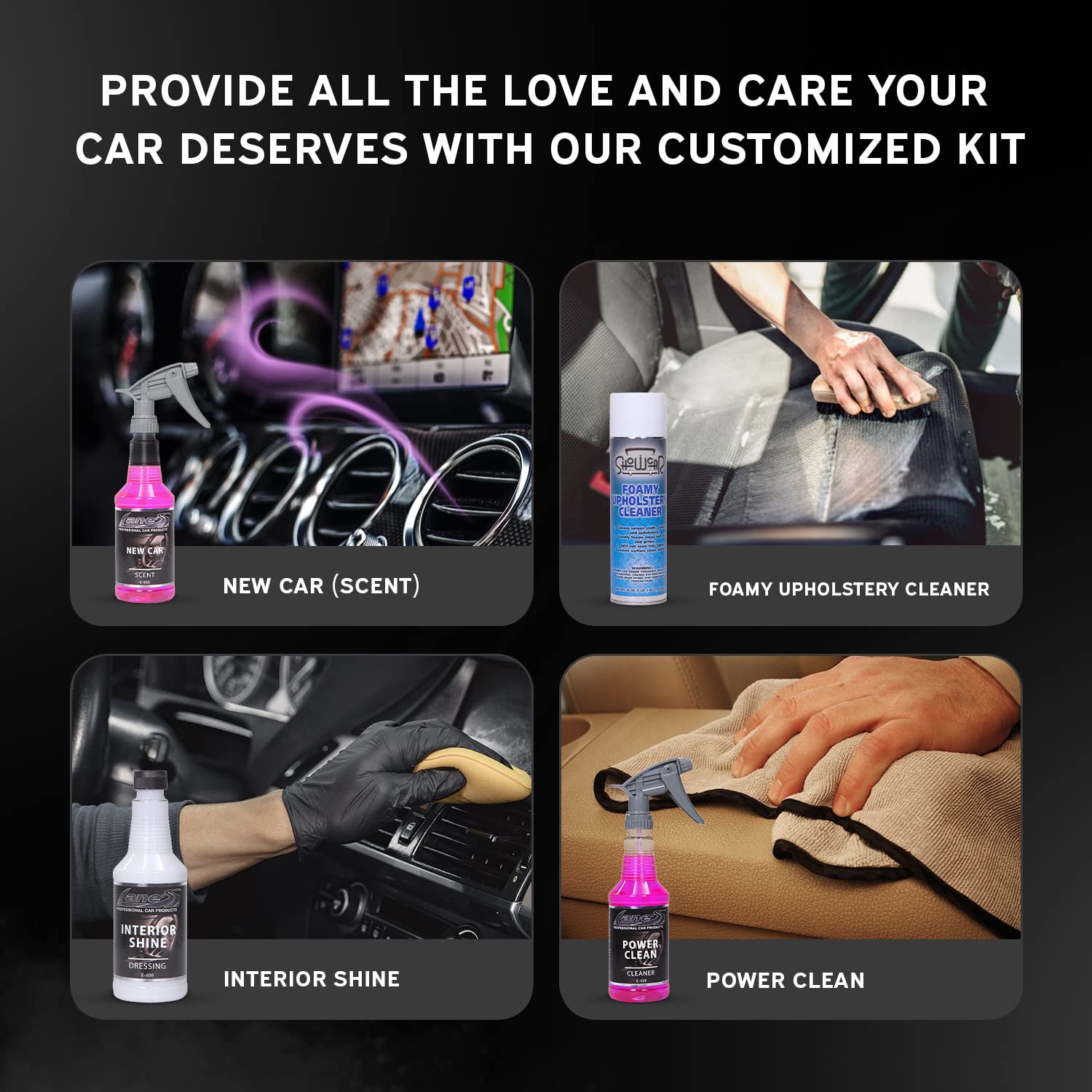 LANE'S Premium Interior Detail Kit - Power Clean Vinyl & Plastic Cleaner, Interior Shine Dressing, Foamy Upholstery Cleaner, New Car Scent - Perfect for Car, Home, and Office Cleaning