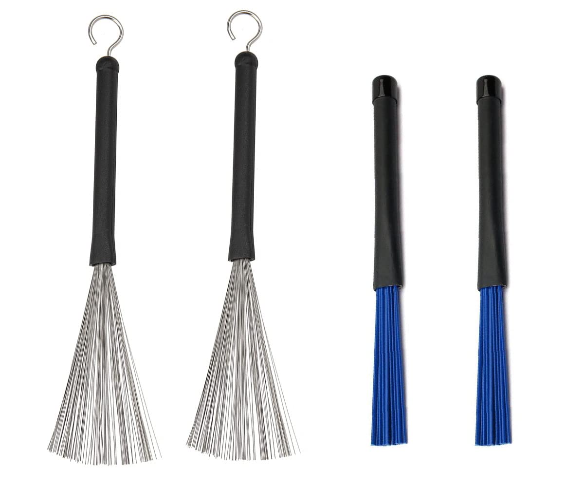 Jiayouy Retractable Drum Brushes Set - 1 Pair Wire & 1 Pair Nylon Brushes for Cajon, Jazz, Acoustic Drums - Perfect for Drummers & Music Lovers - Ideal for Live Performances, Studio Recording & Practice Sessions