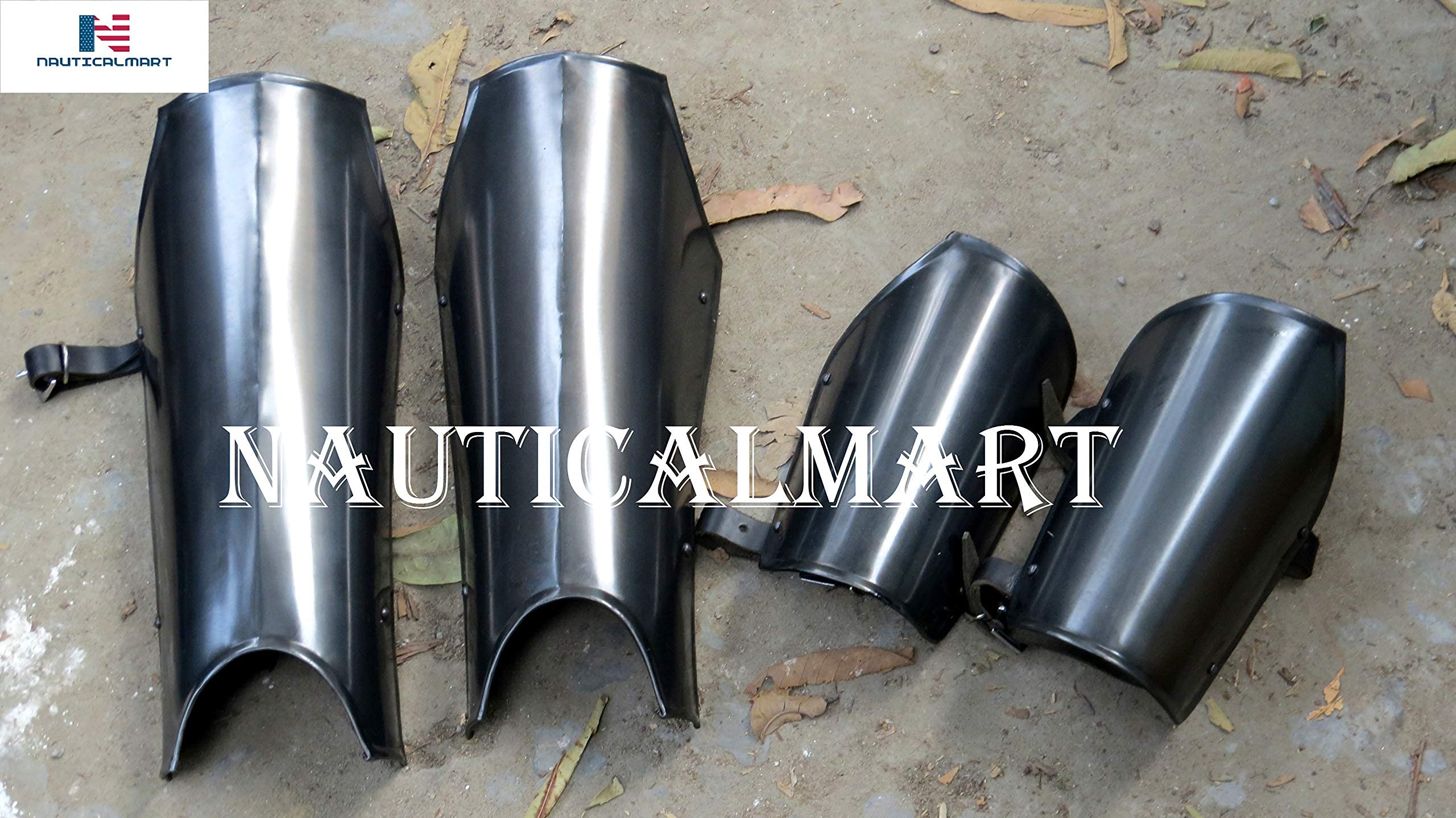 Medieval Steel Blackened Arm Guard & Leg Guard Set - Vambraces & Greaves for LARP, Cosplay, Renaissance Fairs & Historical Reenactment - Dark Knight Armor Protection
