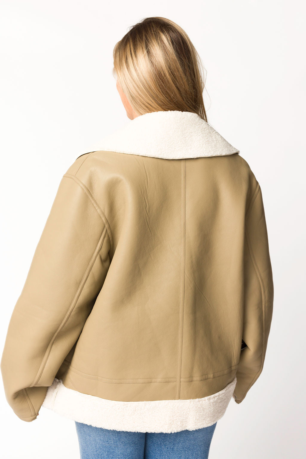 Sammy Vegan Leather & Shearling Jacket for Women - Sandstone Color, Winter Warm Coat, Faux Fur Lined, Stylish Outerwear for Casual Outings & Cold Weather Fashion