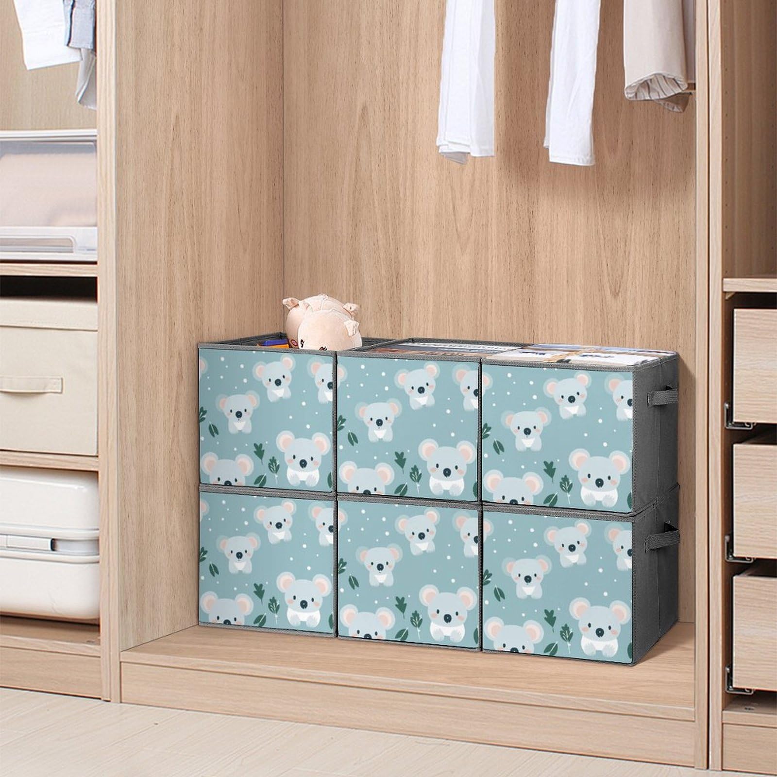 Foldable Storage Cubes Organizers with Handles - 6 Pack Square Storage Baskets for Closet, Nursery & Home Organization | Cute Koala Design