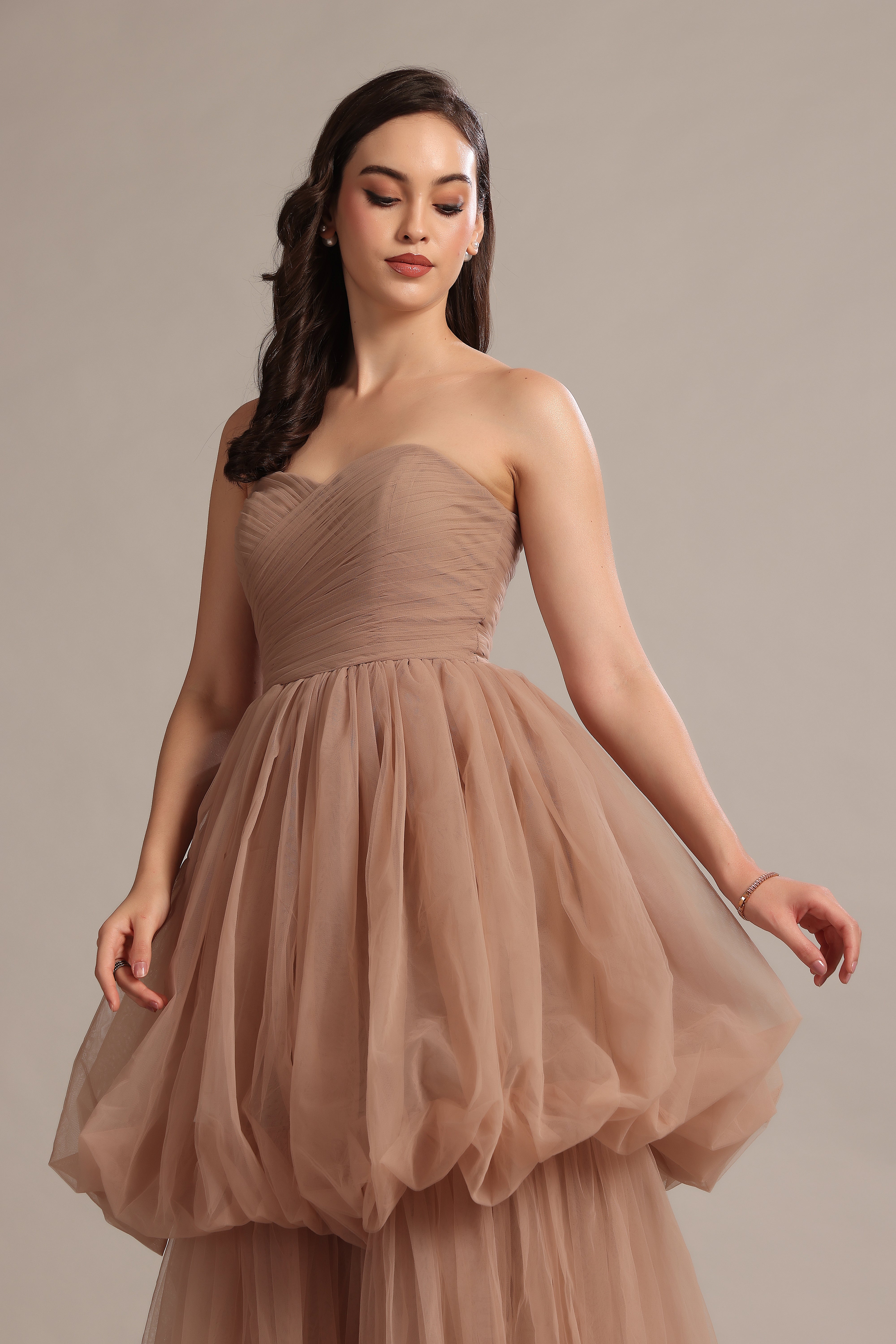 Elegant Nala Strapless Maxi Dress in Taupe - Flowy Beach Wedding Gown for Summer Vacations & Boho Parties