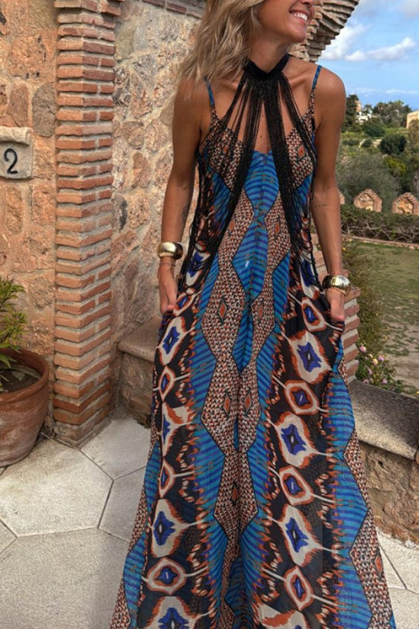 Stylish Printed Suspender Pocket Maxi Dress - Flowy Loose Fit for Holidays, Beach & Summer Vacations | Perfect for Casual Outings & Special Occasions