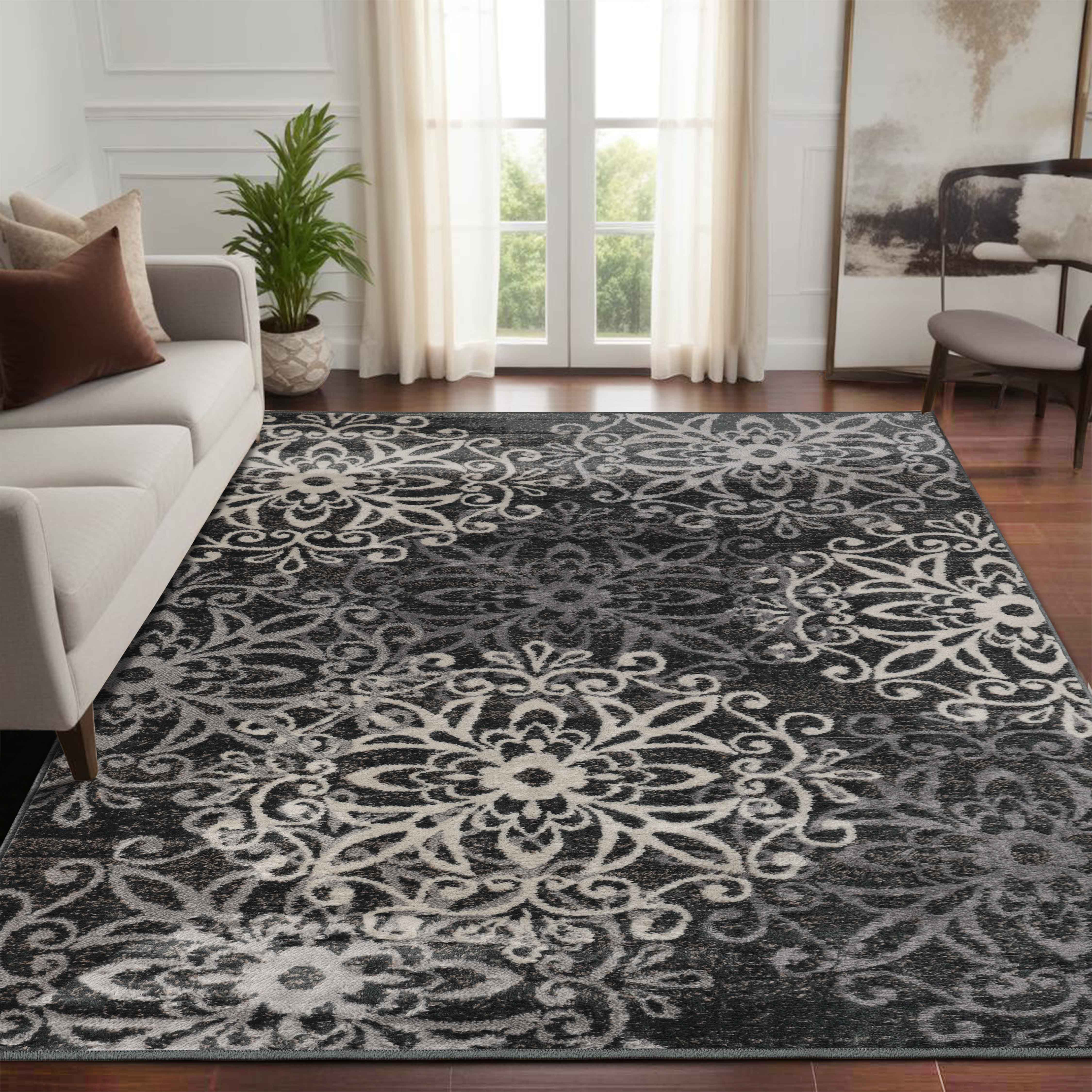 Leigh Traditional Floral Scroll Indoor Area Rugs & Runner Rugs - Non-Slip Soft Living Room Bedroom Decor Carpet