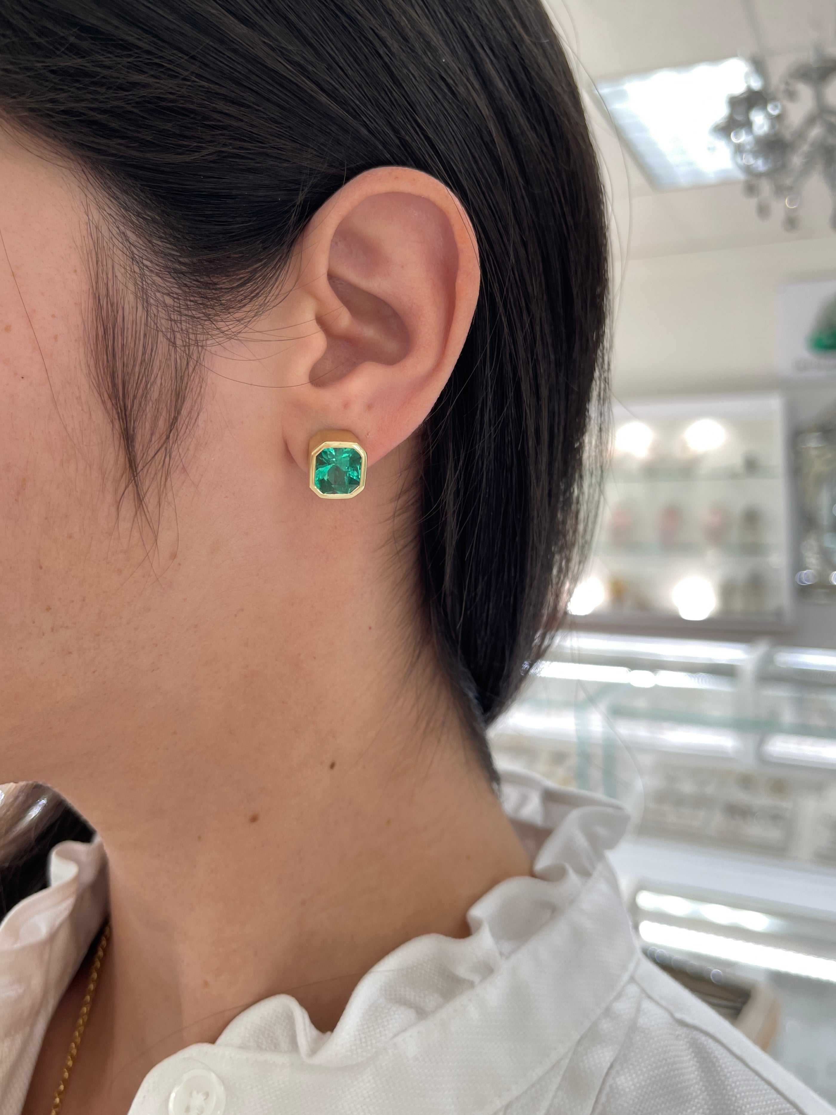 7.70tcw AAA+ Colombian Emerald Bezel Set Earrings - Angelina Jolie Style Luxury Jewelry for Women, Perfect for Weddings, Parties & Special Occasions
