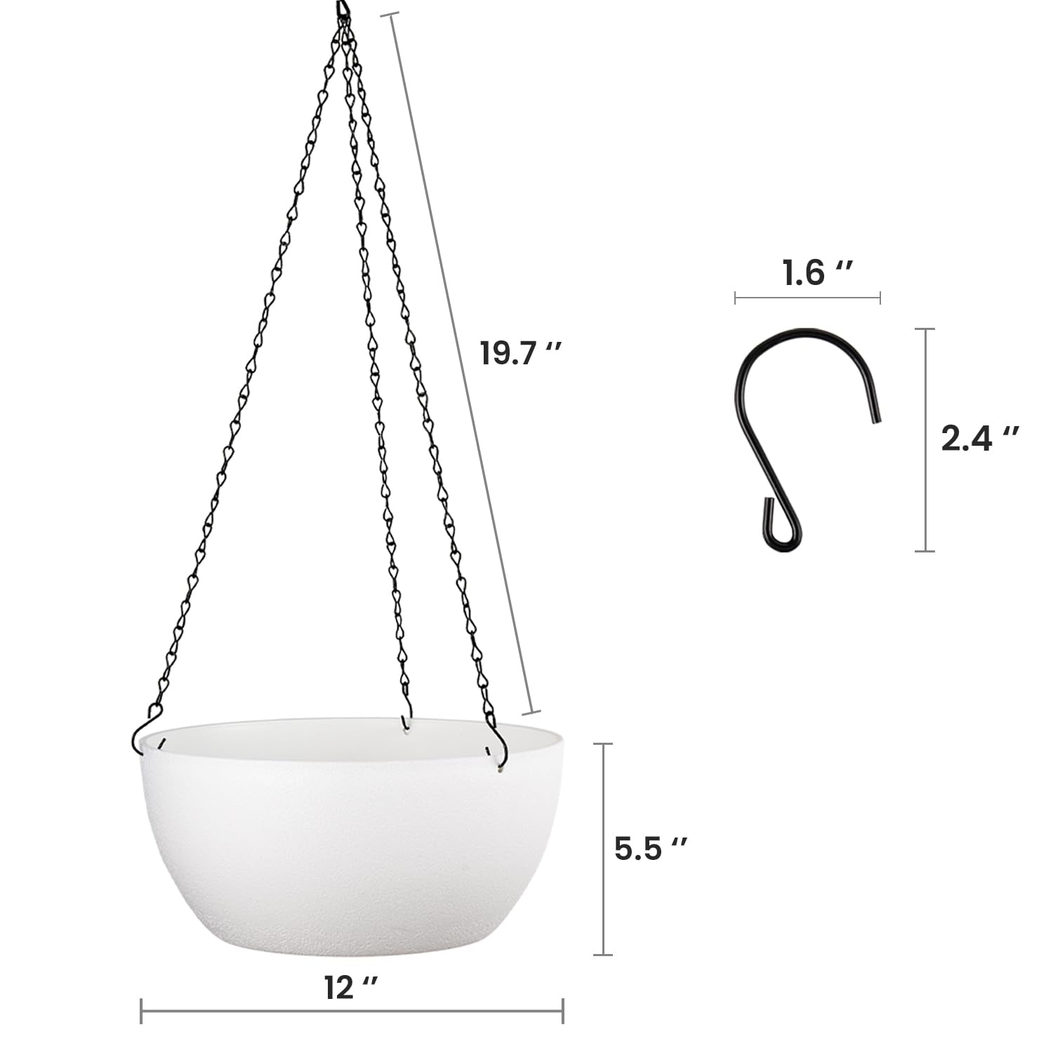 12 Inch Hanging Planters Set of 2 - White Flower Pots with Drainage Holes & Chains for Indoor Outdoor Garden - Perfect for Balcony, Patio, and Home Decor