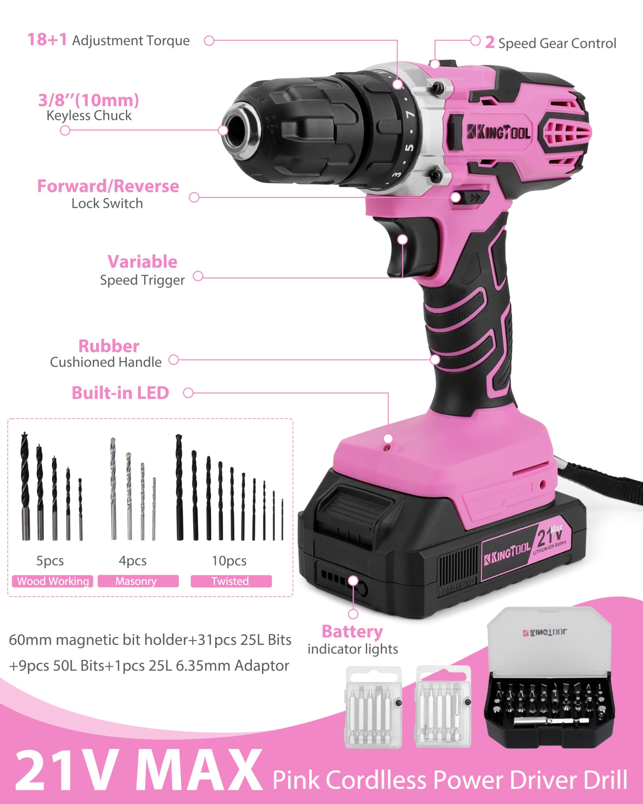 **KingTool 267-Piece Pink Tool Kit Set with 21V Cordless Power Drill Driver & Storage Bag - Women's Home DIY Tool Kit for House Repairs, Crafting, and DIY Projects**