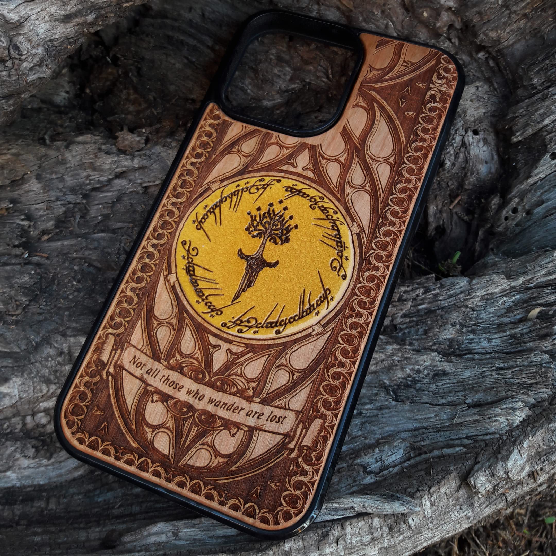 Hand-Painted Elvish Symbol Laser Engraved Wooden Phone Case for iPhone 16/15/14/13/12/11 Pro Max/Mini & Galaxy S25/S24/S23/S22/S21/S20 Ultra Plus - Eco-Friendly Slim Durable Wood Cover - Perfect for Nature Lovers & Fantasy Fans