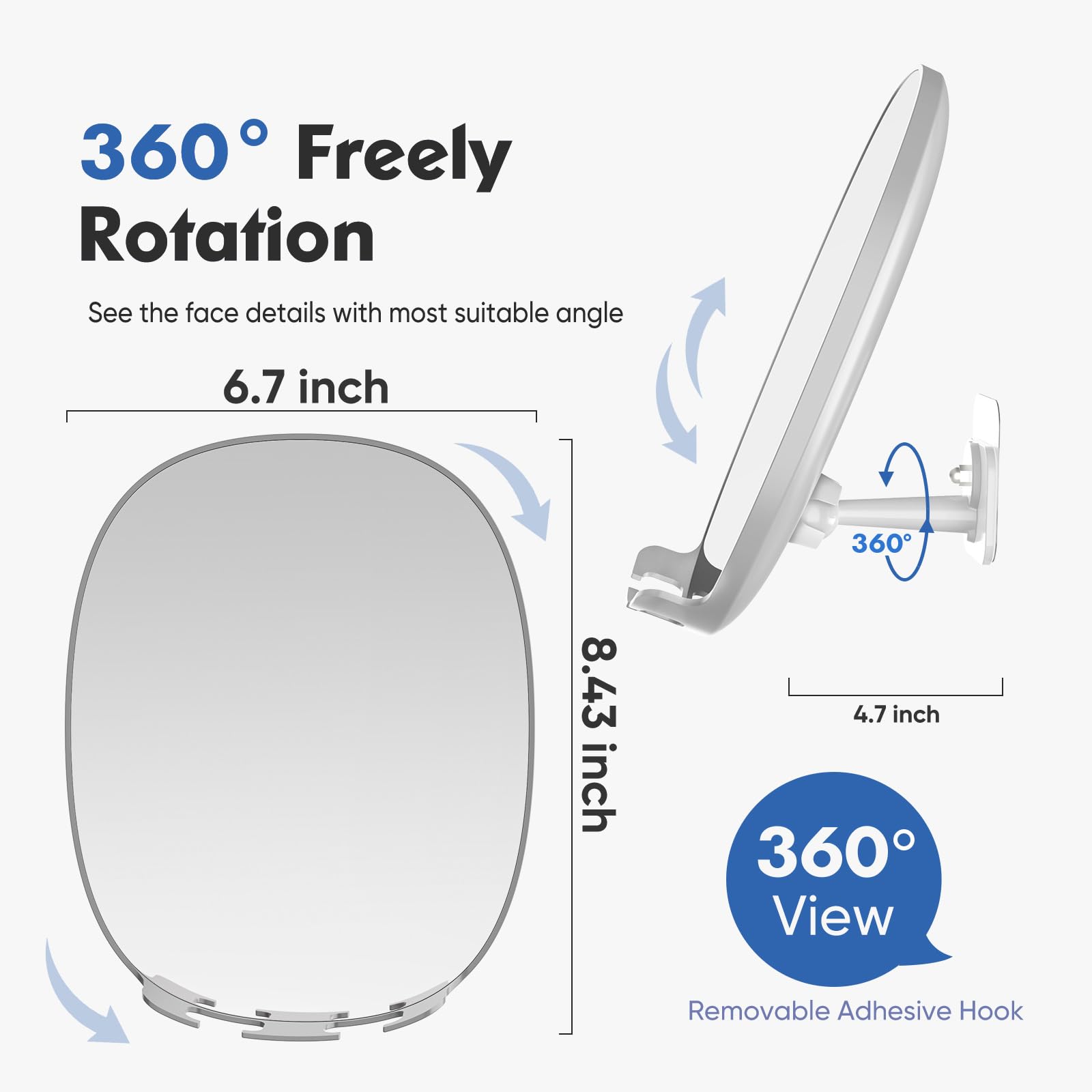 Fogless Shower Mirror for Shaving - 360° Rotation, No-Drilling Adhesive Mount, Shatterproof & Waterproof Bathroom Mirror with Razor Holders - Perfect for Close Shaves & Grooming in Steamy Showers (Grey)