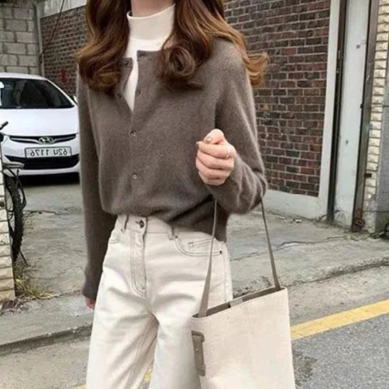 Solid Color Knitted Cardigan Round Neck Sweater for Women - Cozy Casual Pullover for Fall & Winter - Perfect for Office, Dating, and Travel