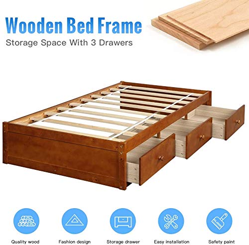 Merax Twin Size Wood Platform Bed with 3 Storage Drawers & Wood Slat Support - No Box Spring Needed - Sturdy Bed Frame for Small Spaces, Guest Rooms & Dormitories