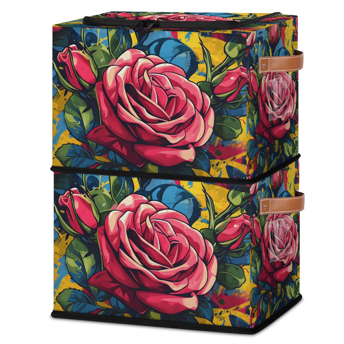 Collapsible Fabric Storage Bins with Lids - Watercolor Rose Design Stackable Organizer Cubes for Closet, Bedroom & Home - Dustproof Storage Solution for Clothes, Toys, Blankets & Seasonal Items | Perfect for Nursery, Dorm Room & Small Space Organization