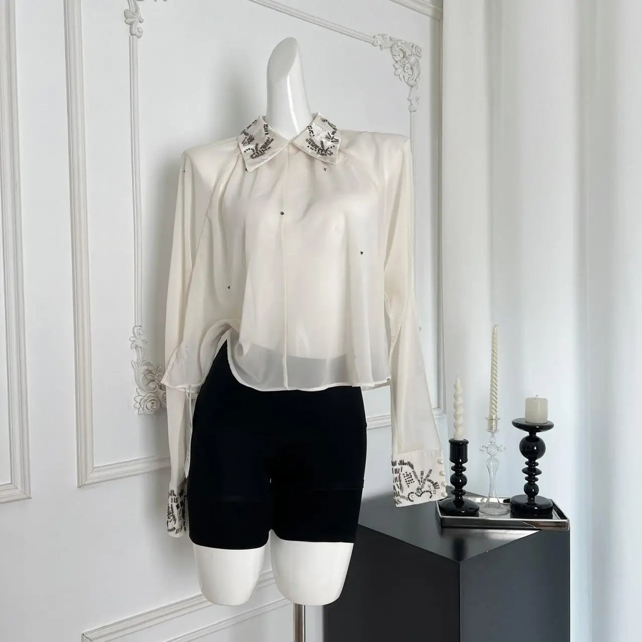 Elegant Beige Diamond Print Blouse for Women - Vintage French Style Long Sleeve Loose Fit Casual Top | Perfect for Autumn Office Wear, Date Nights & Fall Fashion Outfits