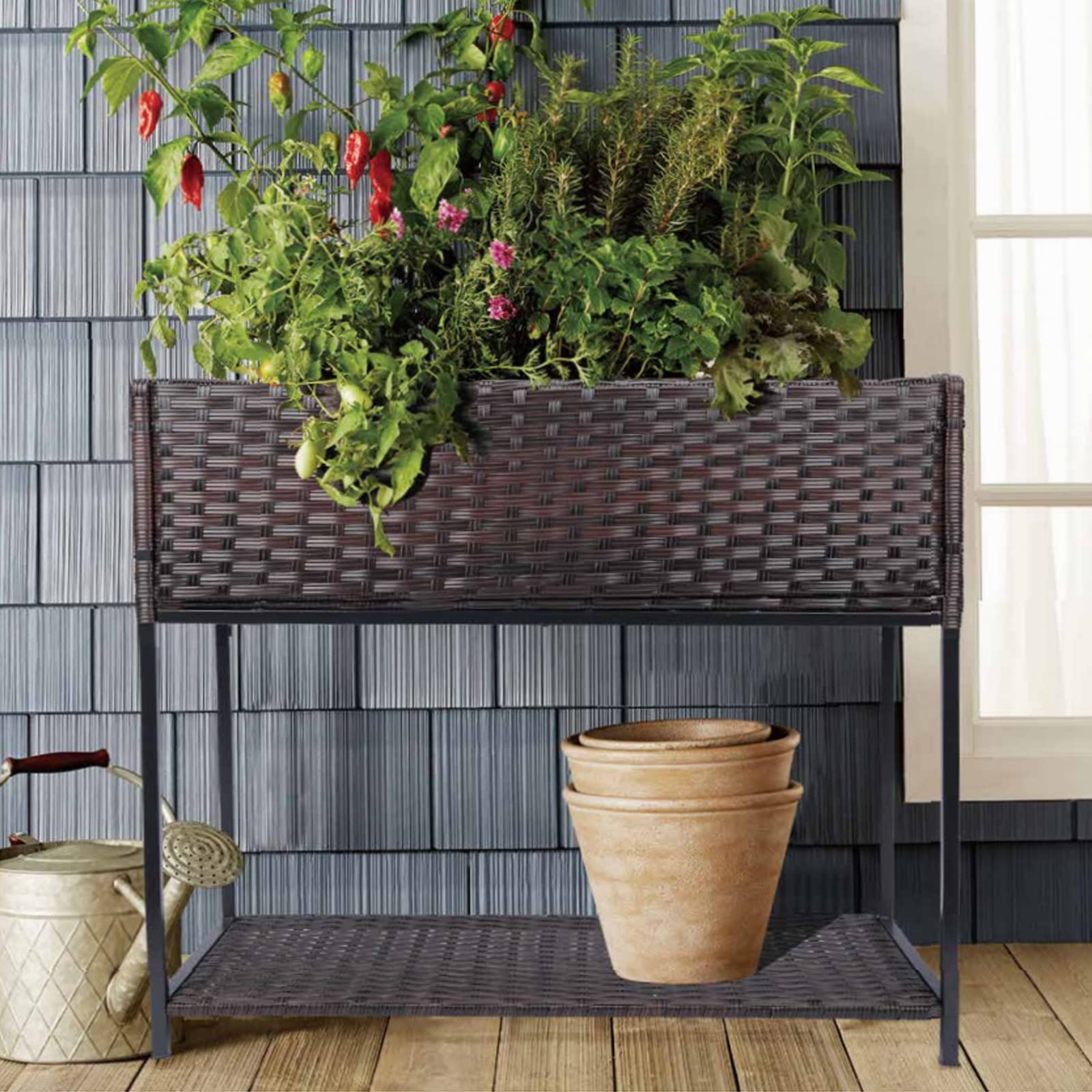 Elevated Rattan Raised Garden Bed with Underneath Tool Storage - Outdoor Planter Box for Herbs, Vegetables & Flowers - Perfect for Patio, Balcony & Backyard Gardening