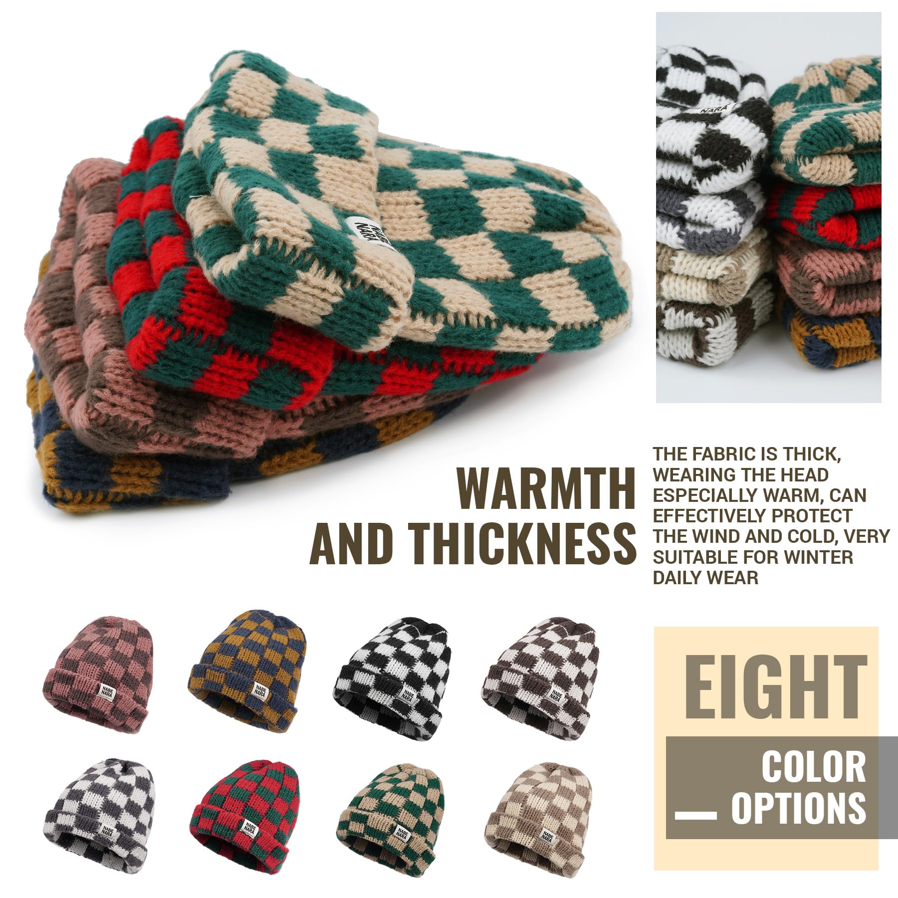 Clakllie Checkered Beanie for Women & Men - Slouchy Winter Knit Hat with Cuffed Design - Warm Unisex Skull Cap for Skiing, Snowboarding & Everyday Cold Weather Wear