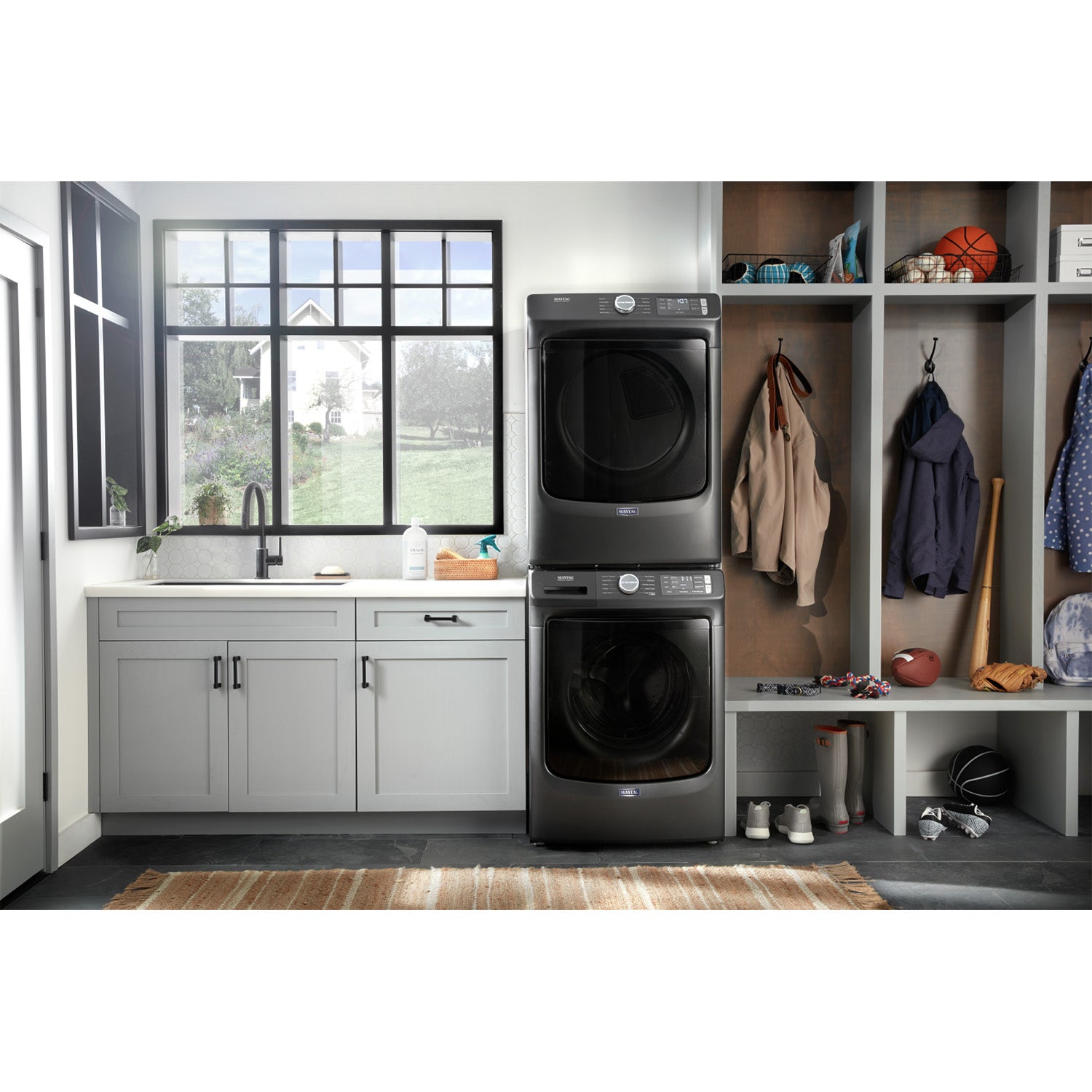Maytag MHW5630MBK/YMED6630MBK 5.2 cu. ft. Front Load Washer & 7.3 cu. ft. Electric Dryer Set in Volcano Black - Perfect for Large Families & Laundry Rooms