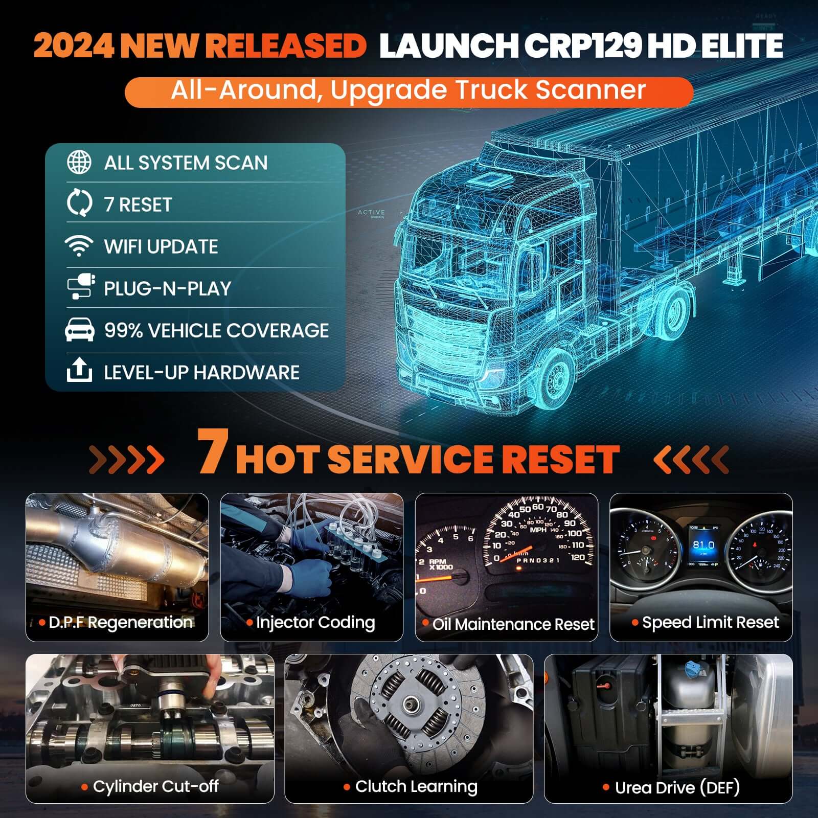 LAUNCH CRP129 HD Elite Heavy Duty Truck Full System Scanner with 7 Resets - Professional OBD2 Diagnostic Tool for Diesel & Gas Engines - Perfect for Mechanics & DIY Auto Repairs