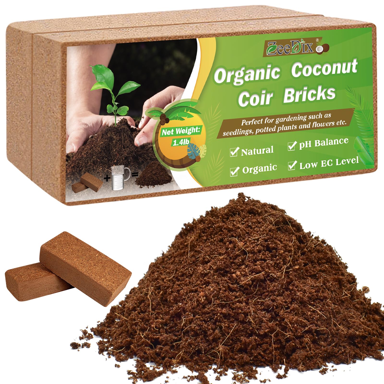 Premium Organic Coconut Coir Bricks (2-Pack) - 100% Natural Low EC & pH Balanced Coco Coir for Gardening, Herbs, Seed Starting & Hydroponics - Ideal for Indoor/Outdoor Plants, Raised Beds & Container Gardening