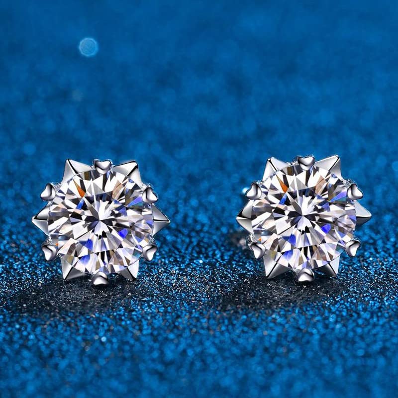 0.6-4CT Moissanite Stud Earrings for Women - Platinum Plated Sterling Silver Snowflake Earrings with VVS Lab Diamonds | Fine Jewelry for Everyday Wear, Parties & Special Occasions