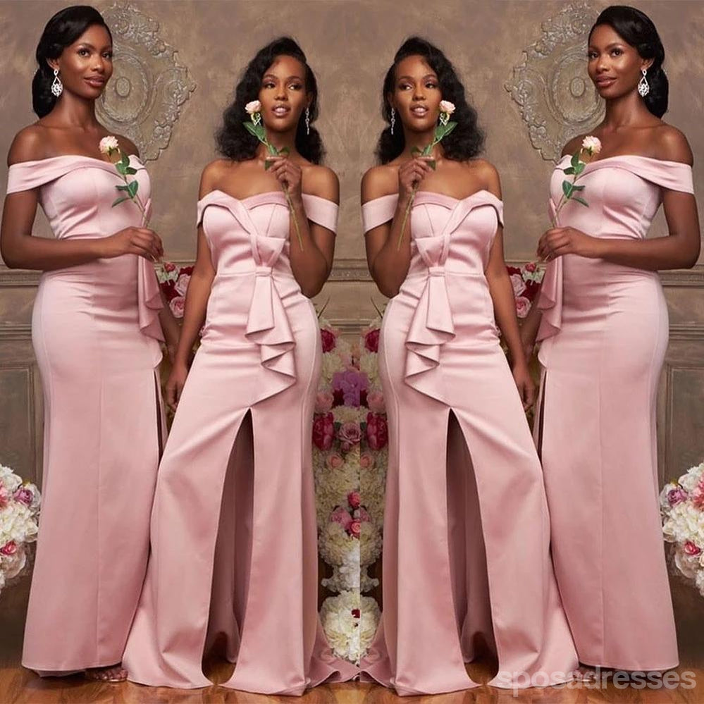 Elegant Pink Mermaid Off-Shoulder Side Slit Long Bridesmaid Dress - WG1170 | Perfect for Weddings, Prom, Evening Parties & Formal Events