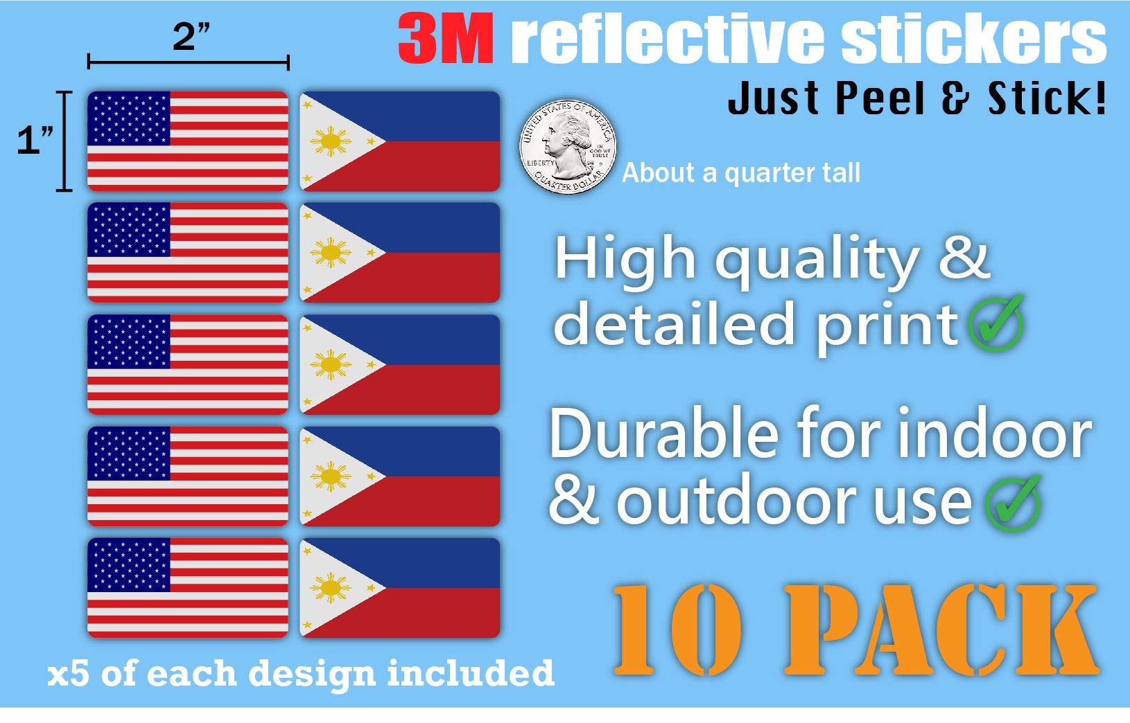 3M Reflective US & Philippines Flag Stickers (10-Pack) - High Visibility Safety Decals for Hard Hats, Helmets, Bikes, Toolboxes & Laptops - Perfect for Construction Sites, Night Cycling & Workplace Safety