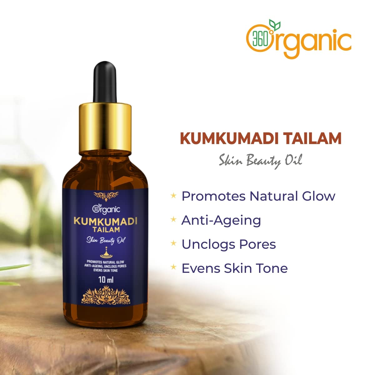 Organic Kumkumadi Oil 10ml - 360° Skin Nourishment for Glowing Complexion | Perfect for Nighttime Skincare & Anti-Aging Routine