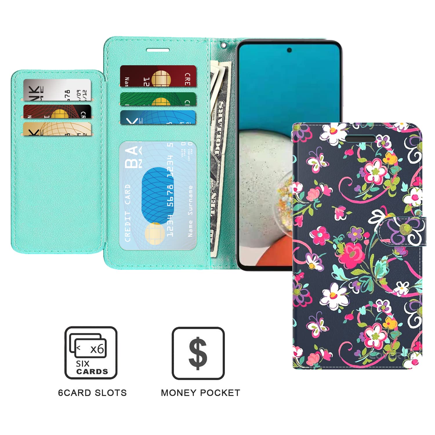 Premium Leather Wallet Case for Samsung Galaxy A53 5G with RFID Blocking & Flip Stand - Floral Design | Perfect for Business Travel, Daily Commute & Hands-Free Viewing