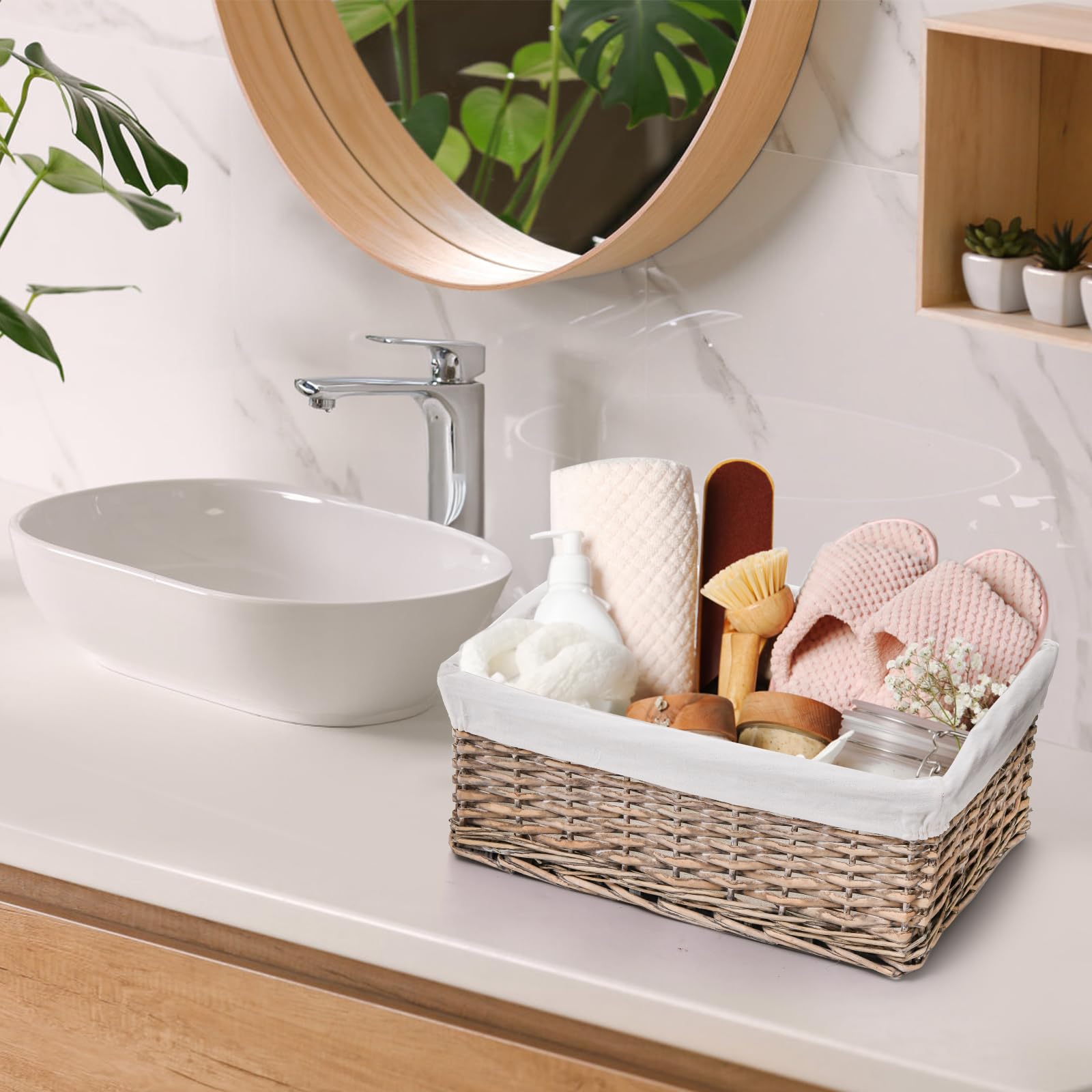 3 Pack Handwoven Wicker Storage Baskets with Removable Lining - Decorative Nesting Bins for Toilet Paper, Pantry & Bathroom Organization - Perfect for Bedroom, Closet & Countertop Storage (Natural, Rectangle) | Space-Saving Home Decor Solution