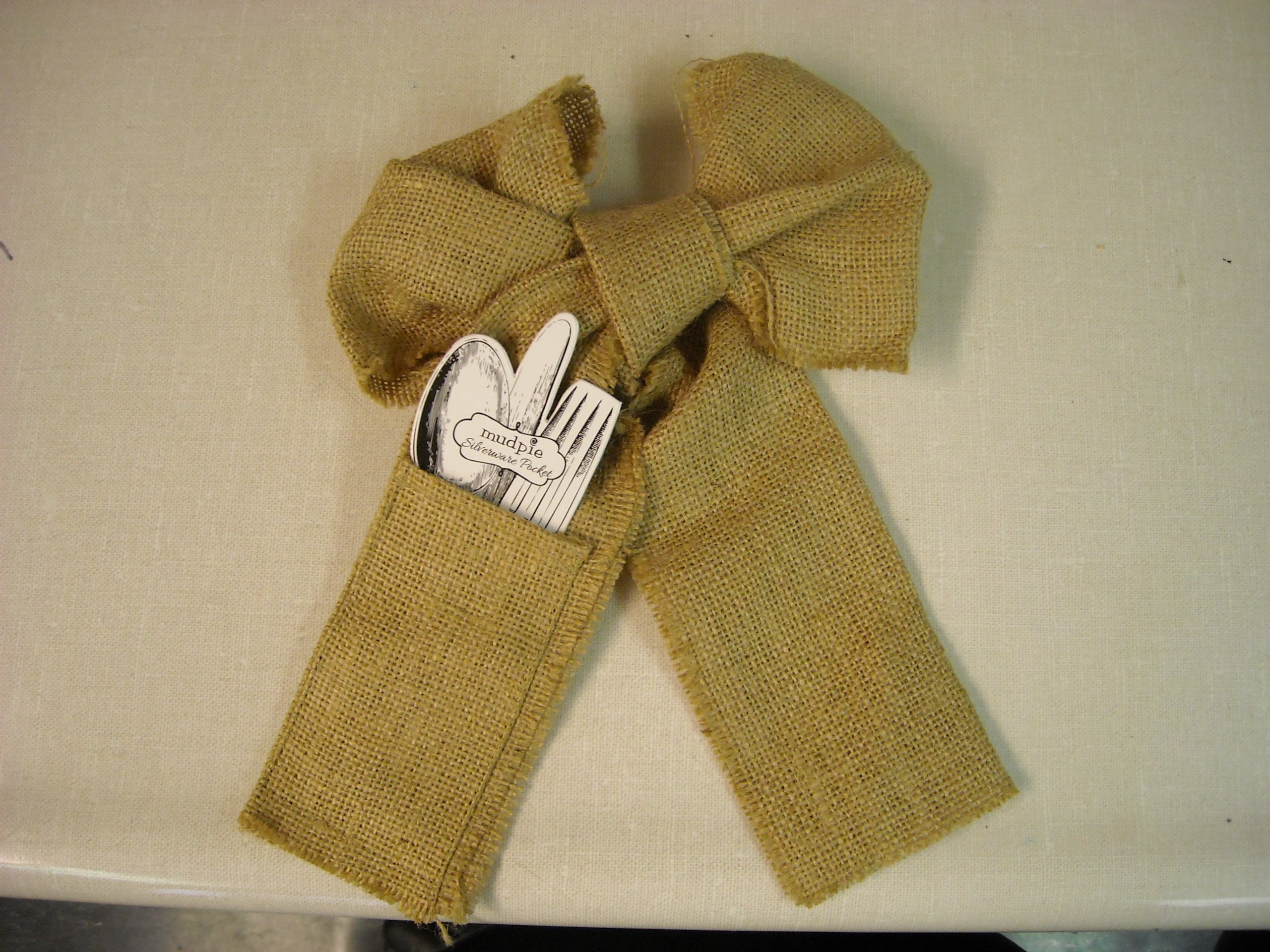 Mud Pie Burlap Silverware Pocket with Bow - Elegant Silver Cutlery Holder for Wedding, Party, and Home Dining Decor