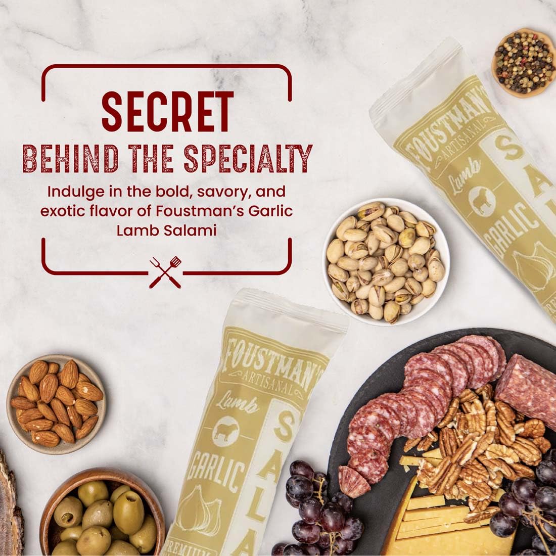 Foustman's Artisanal Garlic Lamb Salami - Nitrate-Free, Naturally Cured, Gluten-Free & Dairy-Free (8 Oz) | Pork-Free Snack for Charcuterie Boards, Picnics & Keto Diet