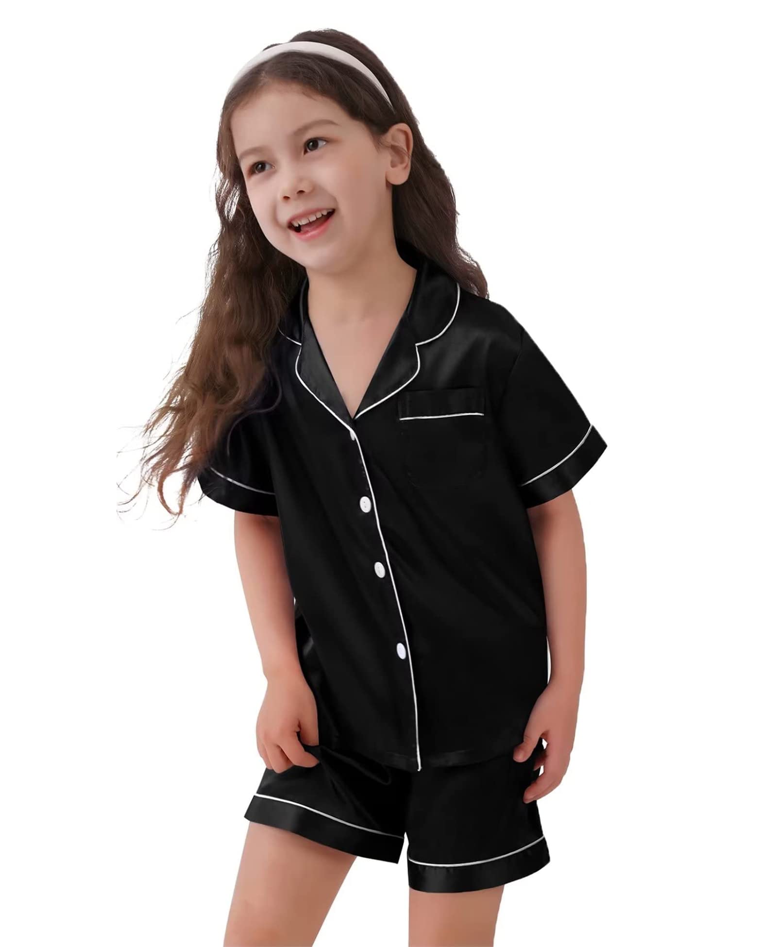 SWOMOG Kids Satin Pajama Set for Girls & Boys - Soft Button-Down Silk Pajamas with Short Sleeves, 2-Piece Nightwear & Lounge Outfit - Perfect for Sleepovers, Bedtime & Relaxing at Home