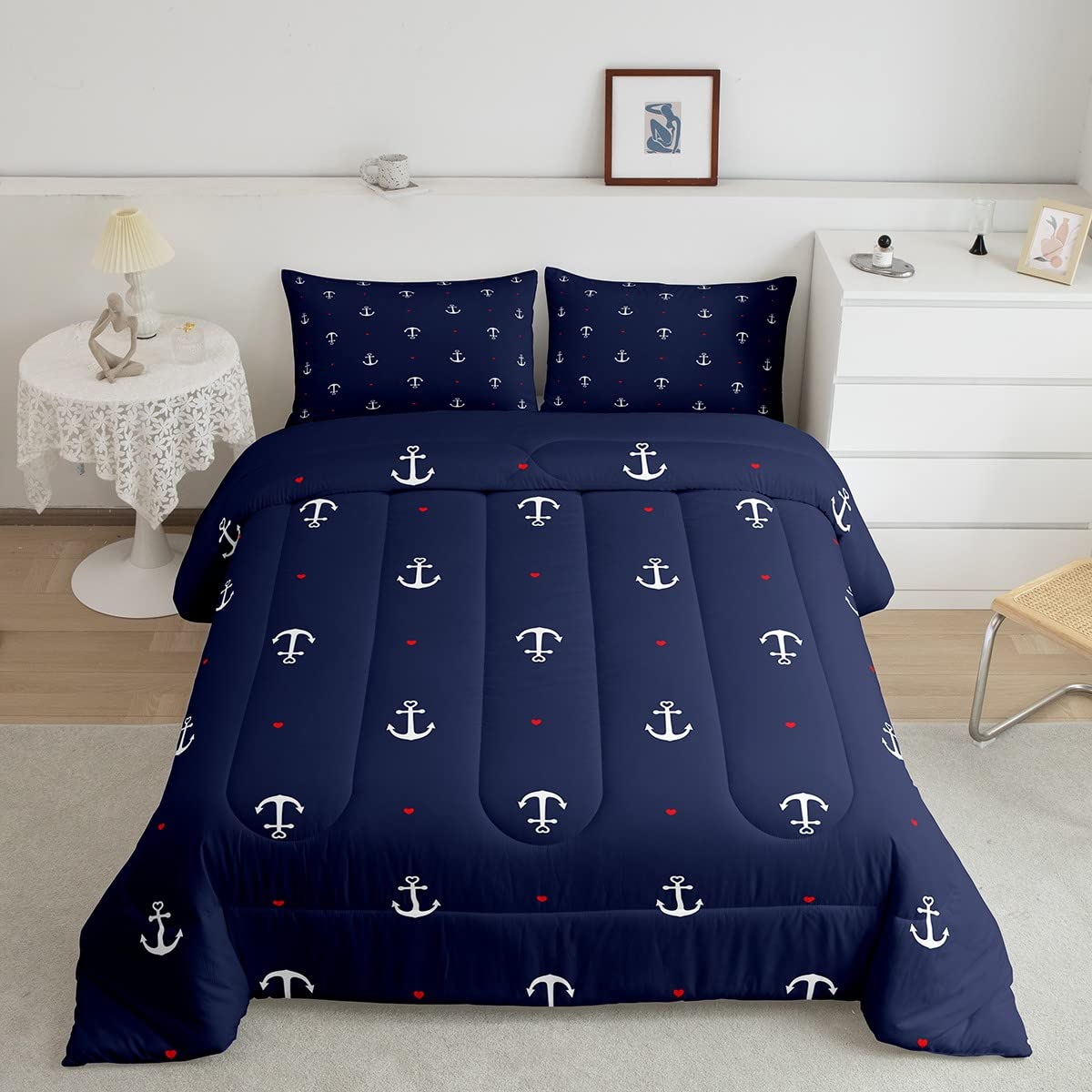 **Nautical Themed Twin Comforter Set - 2 Piece Navy Blue Microfiber Down Alternative Bedding for Kids & Teens Boys Room Decor - Includes 1 Pillowcase - Perfect for Coastal, Beach, or Sailor Themed Bedrooms**