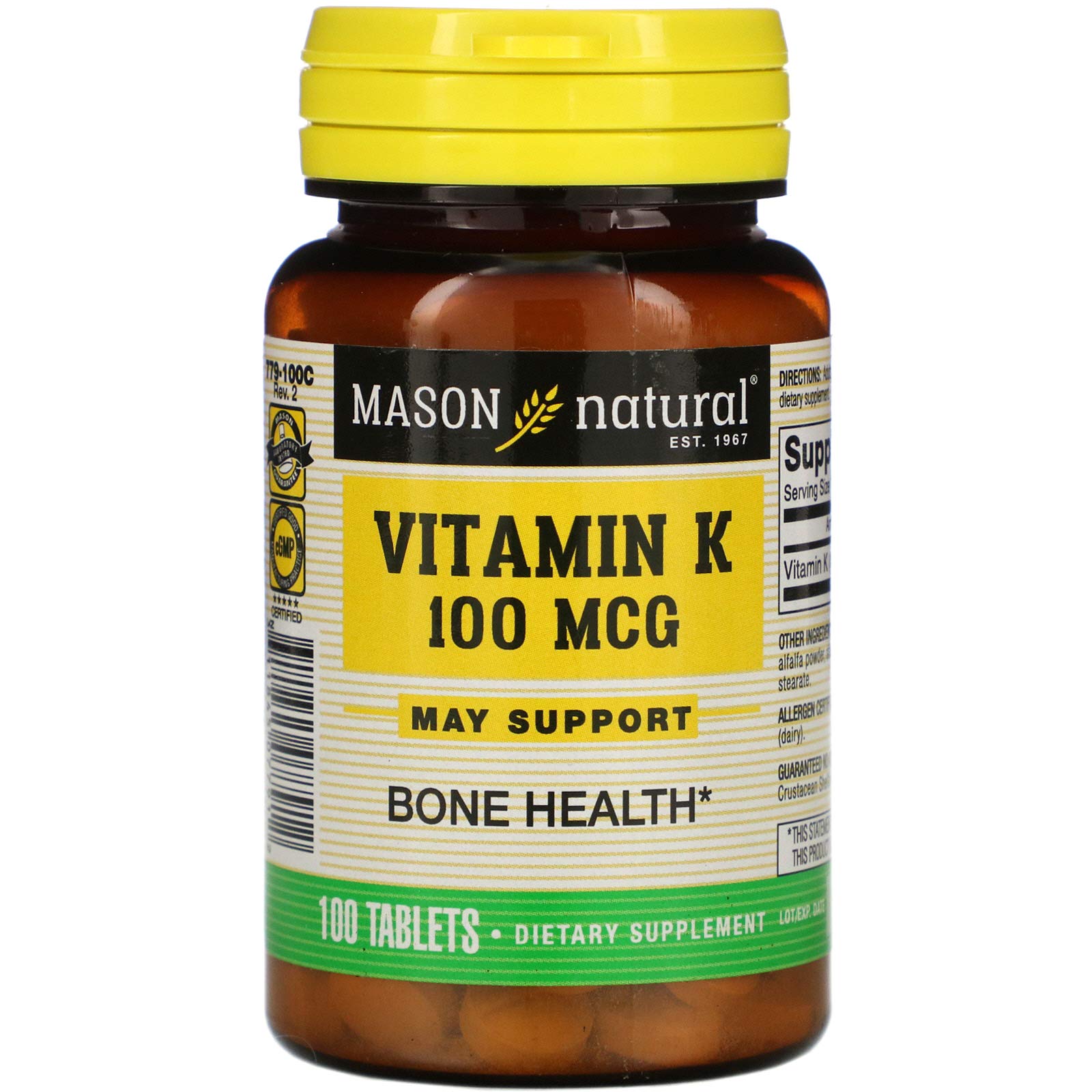 Mason Vitamins Vitamin K 100 mcg Tablets - 100 Count | Supports Bone & Heart Health | Daily Supplement for Adults & Seniors | Perfect for Vegetarian & Keto Diets