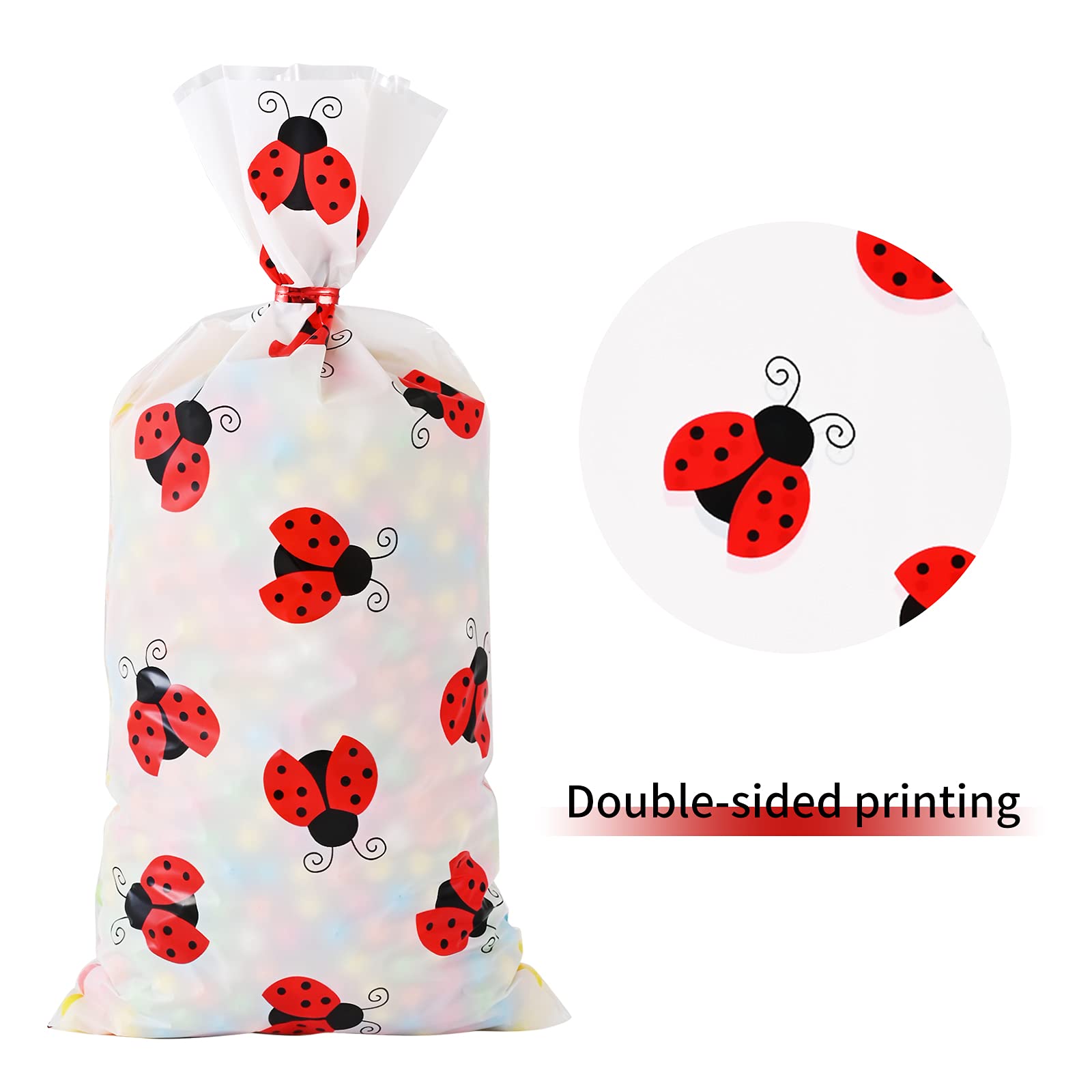 100 Pcs Ladybug Treat Bags - Red Cellophane Candy Bags with Twist Ties for Birthday Party Favors, Baby Shower, Garden Theme Decorations & Kids Party Supplies - Perfect for Ladybug-Themed Celebrations and Classroom Treats