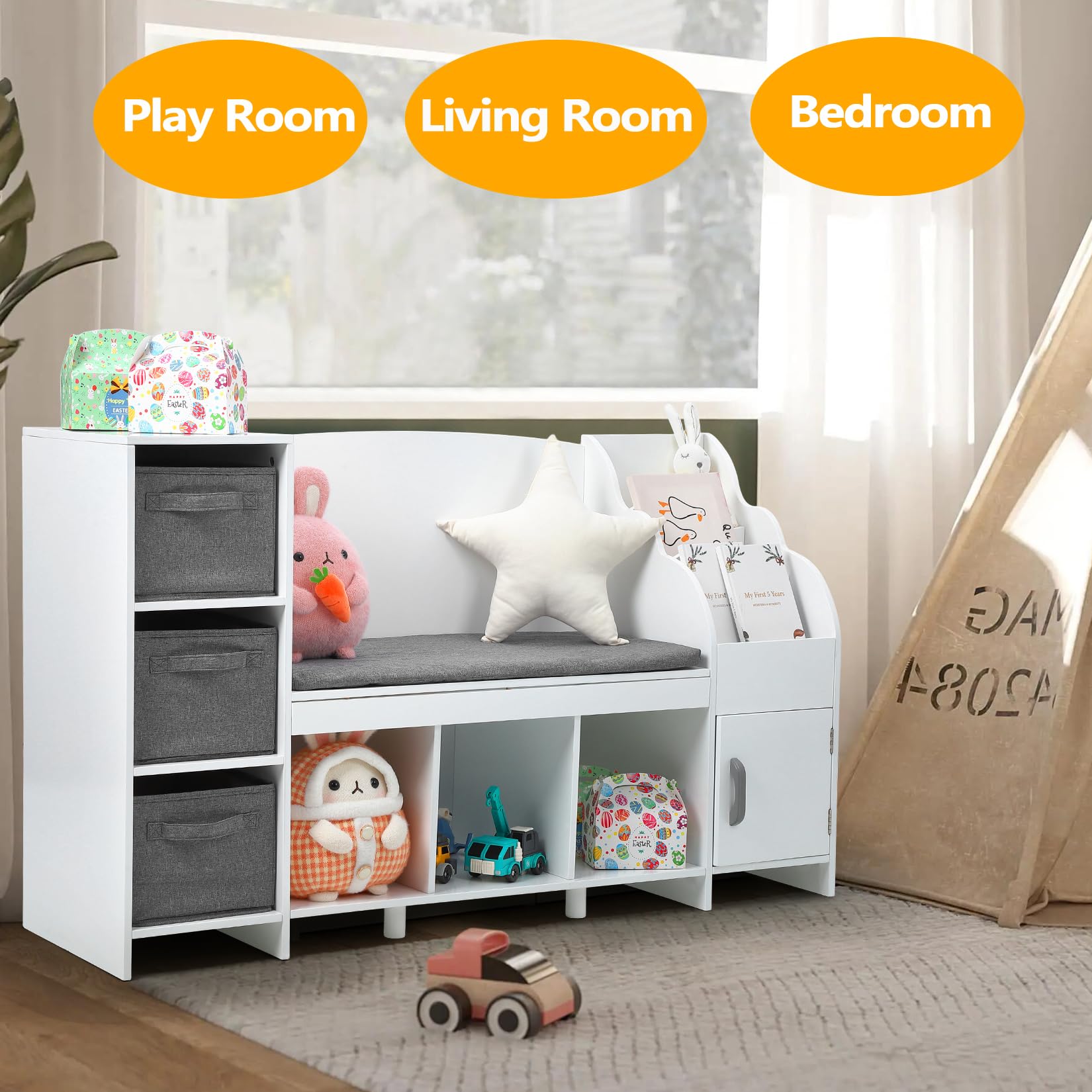 Kids Bookshelf with Reading Nook & Detachable Cushion - Sturdy Book Storage Organizer for Boys and Girls Bedroom, Playroom or Nursery | Perfect for Storytime, Reading Corners & Kids Room Organization