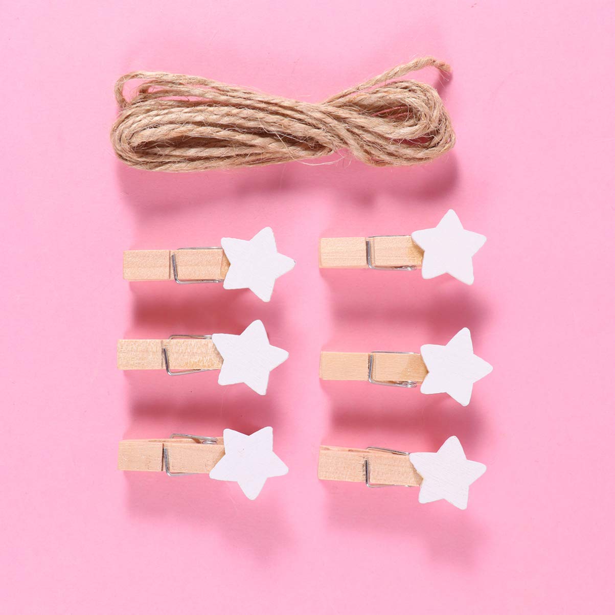 HEALLILY 100pcs Mini Wooden Star-Shaped Clothespins - Photo Hanging Clips, Picture Pegs, Craft Clips with Rope for Wall Decor, Scrapbooking, DIY Projects - White