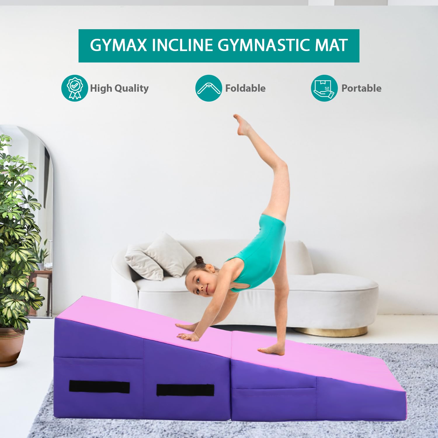 Non-Slip Gymnastics Tumbling Mat with Handle - Cheese Wedge Yoga Mat for Pilates, Martial Arts & Home Workouts | Perfect for Gym, Fitness Studio & Kids Play Area