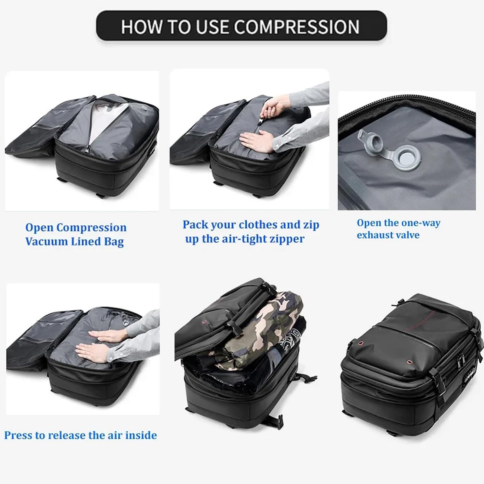Luxair Vacuum Backpack - Travel Compression Pack for Clothes & Essentials (Black)