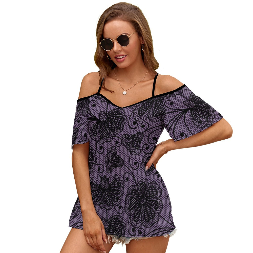 Elegant Purple Lace Off-Shoulder Short Sleeve Top for Women | Summer Casual Wear, Date Night Outfit, Beach Cover-Up