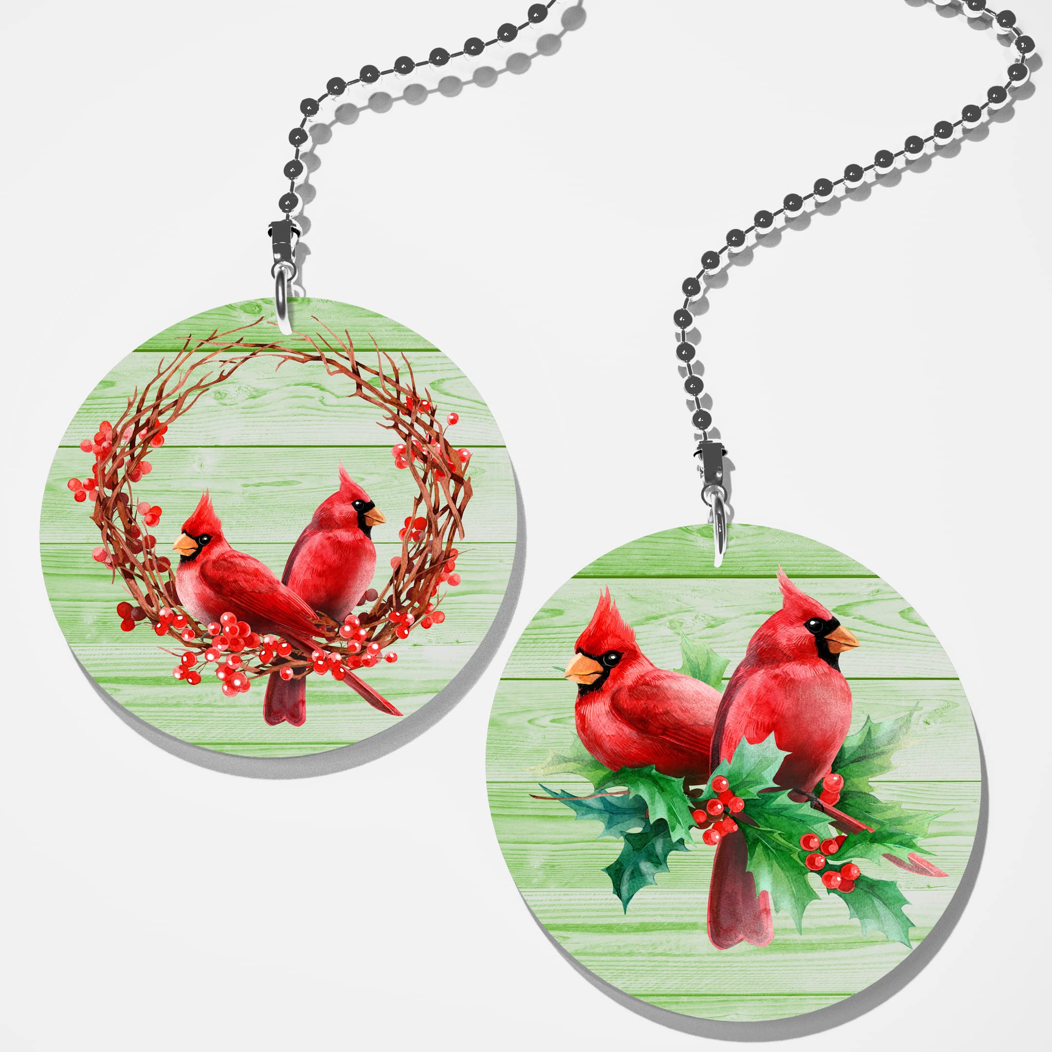 Set of 2 Winter Cardinals Fan & Light Pull Decor - Handmade Cardinal Bird Ornaments for Christmas Tree, Home Decor & Holiday Gifts - Perfect for Cabin, Farmhouse & Rustic Interior Design
