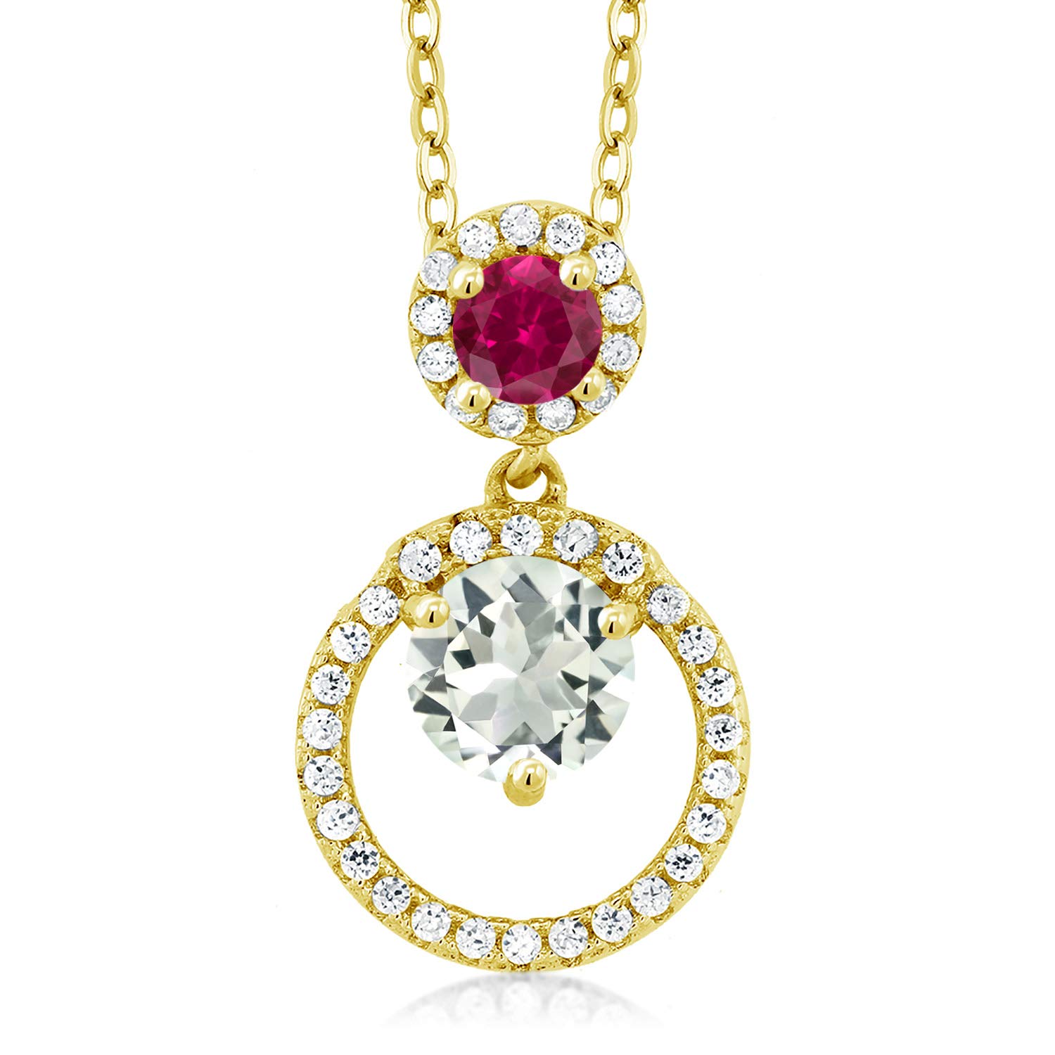 1.65 Ct Natural Green Prasiolite & Red Created Ruby 18K Yellow Gold Plated Silver Pendant Necklace - Elegant Gemstone Jewelry for Women, Perfect Gift for Birthday, Anniversary & Special Occasions