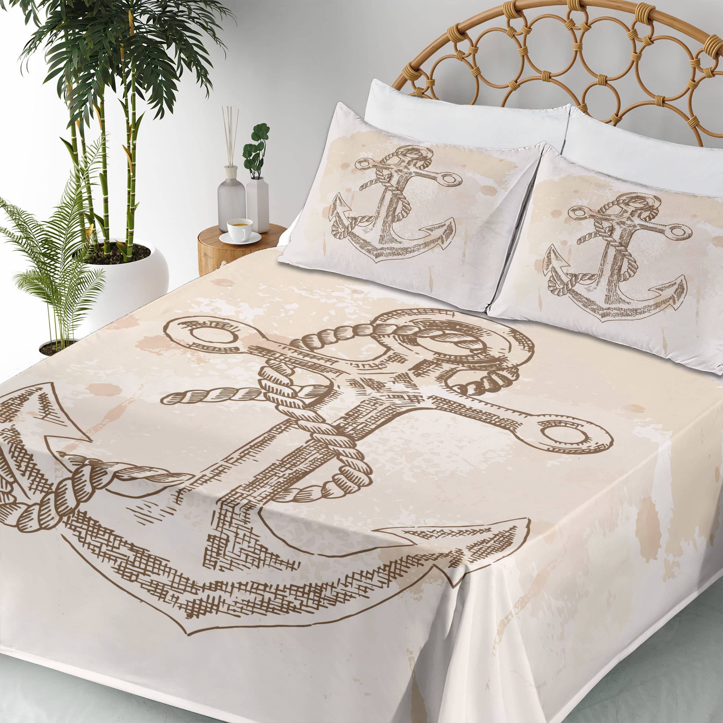 Ambesonne Anchor Sheet Set - Navy Blue & Brown Cream Summer Holiday Print Bedding, 4-Piece King Size with Fitted Sheet, Flat Sheet & Pillowcases - Perfect for Coastal Themed Bedrooms, Beach House Decor & Nautical Style Homes