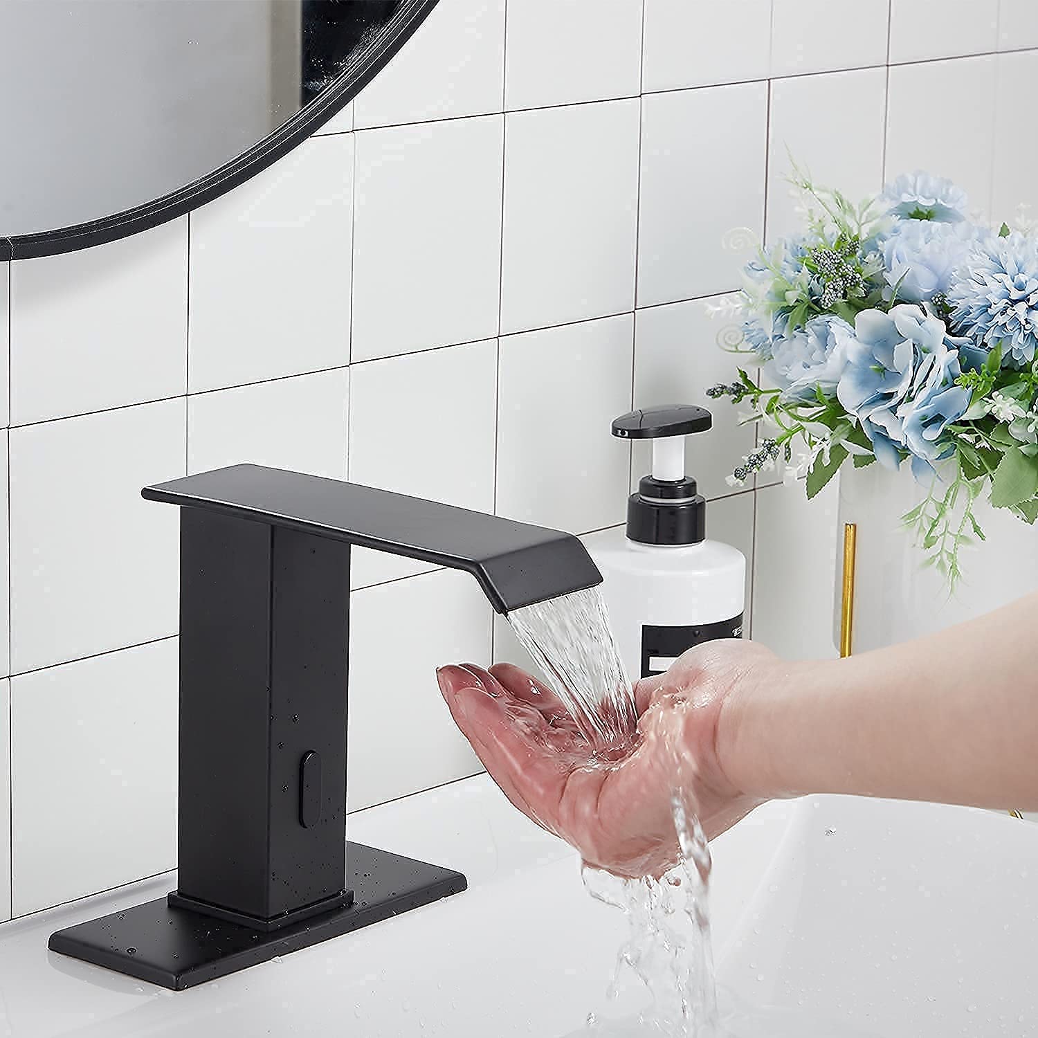 Automatic Sensor Touchless Bathroom Sink Faucet - Hands-Free Waterfall Faucet with Temperature Control & DC Power - Matte Black Vanity Faucet with Hole Cover Plate - Perfect for Modern Homes & Commercial Restrooms