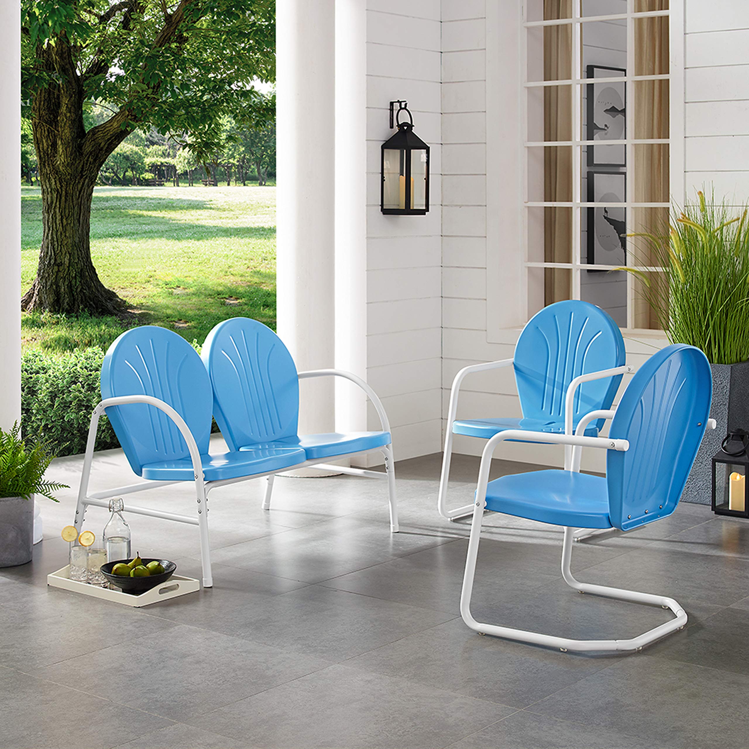 Crosley Griffith 3-Piece Retro Metal Outdoor Patio Set - Sky Blue Bistro Chairs & Loveseat for Porch, Garden, Poolside & Backyard Relaxation