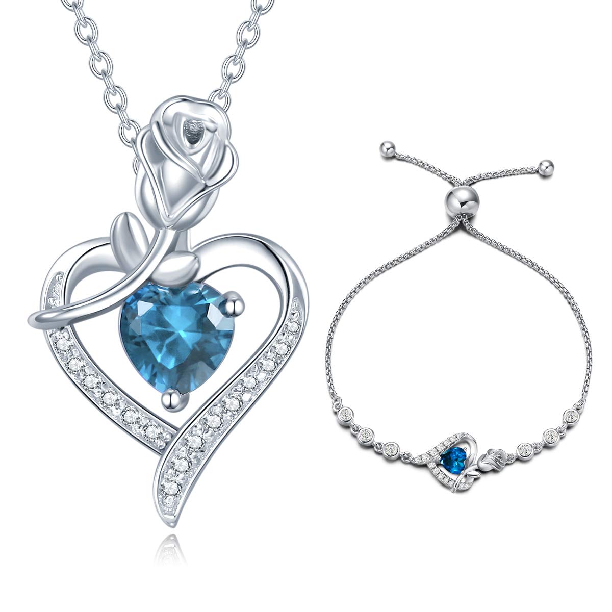 AGVANA Fine Jewelry December Birthstone Genuine Blue Topaz Necklace & Bracelet Set for Women - Sterling Silver CZ Rose Flower Heart Pendant - Perfect Mothers Day Gift, Anniversary & Birthday Present for Her - Ideal for Weddings, Parties & Special Occasions