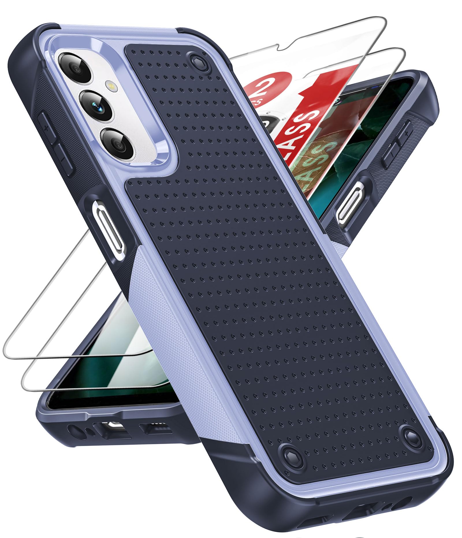 Samsung Galaxy A14 5G/4G Phone Case with 2 Pack Tempered Glass Screen Protectors - Heavy Duty Shockproof Hard PC Textured Back Cover (Purple) - Perfect for Outdoor Activities, Work & Daily Protection